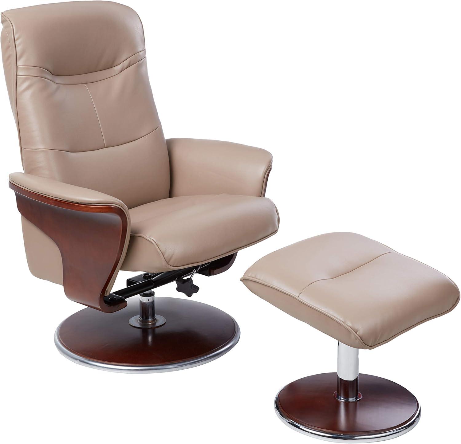 Modern Latte Leather Swivel Recliner with Ottoman and Dark Mahogany Base