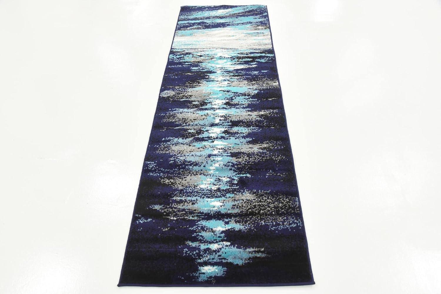 Navy Blue Abstract Rectangular Synthetic Indoor Rug, 7x10 ft