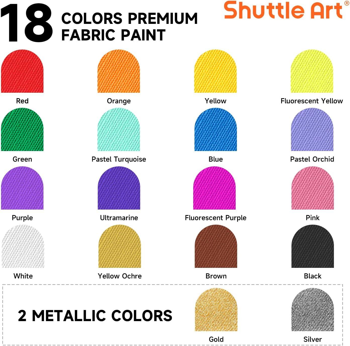 Metallic Fabric Paint, Shuttle Art 18 Metallic Colors Permanent Soft Fabric Paint in Bottles (60ml/2oz) with Brush and Stencils, Non-Toxic Textile Paint for T-shirts, Shoes, Jeans, Bags & DIY Projects