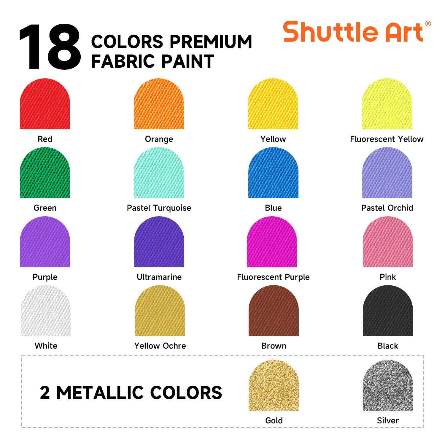 Metallic Fabric Paint, Shuttle Art 18 Metallic Colors Permanent Soft Fabric Paint in Bottles (60ml/2oz) with Brush and Stencils, Non-Toxic Textile Paint for T-shirts, Shoes, Jeans, Bags & DIY Projects