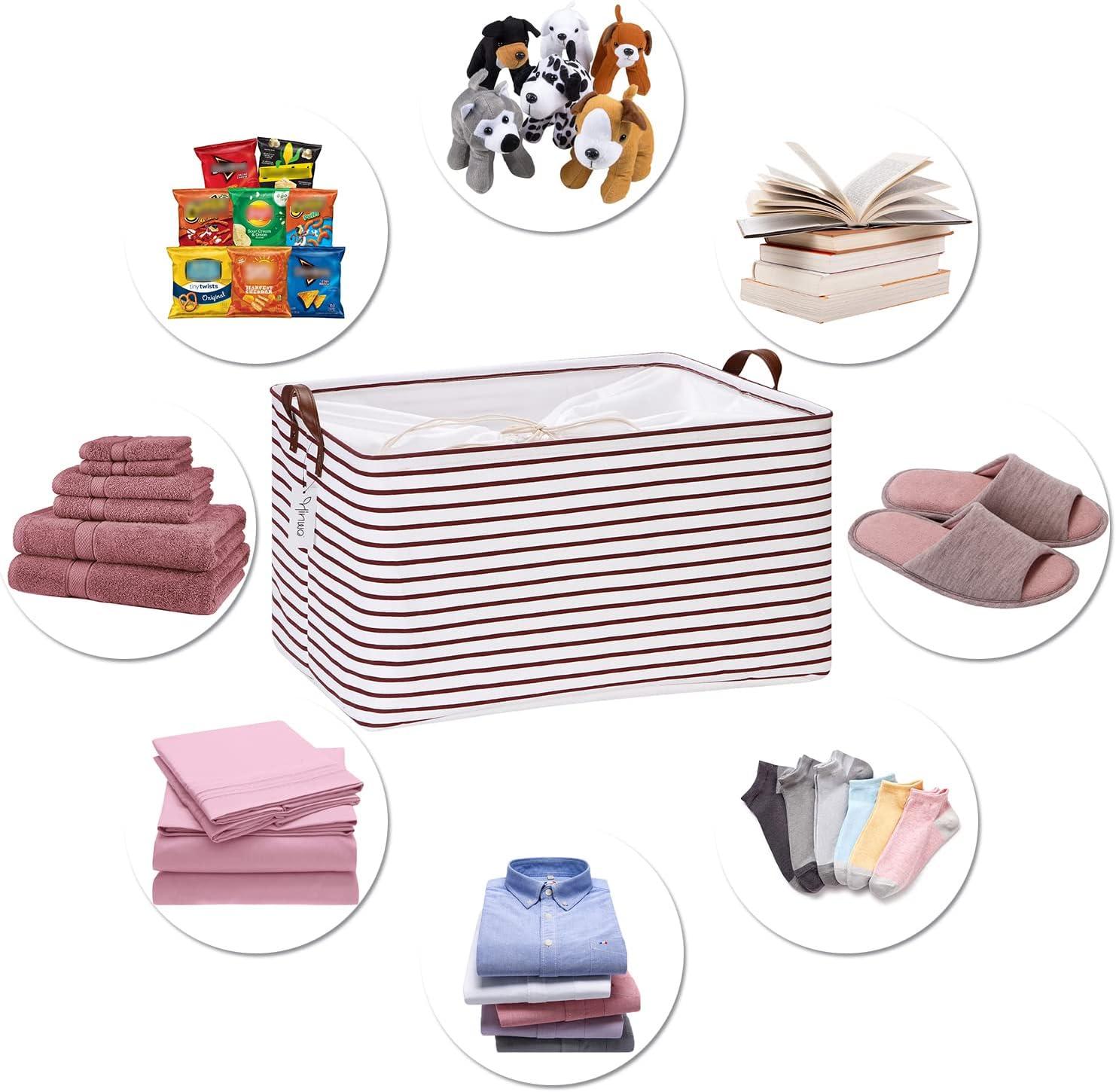 Hinwo 2-Pack Extra Large Canvas Fabric Storage Baskets with Handles, 70L Oversized Storage Bins, Collapsible Storage Box, Clothes, Toys, Blankets Organizers, 22 x 15 x 13 inches, (Purple Stripe)