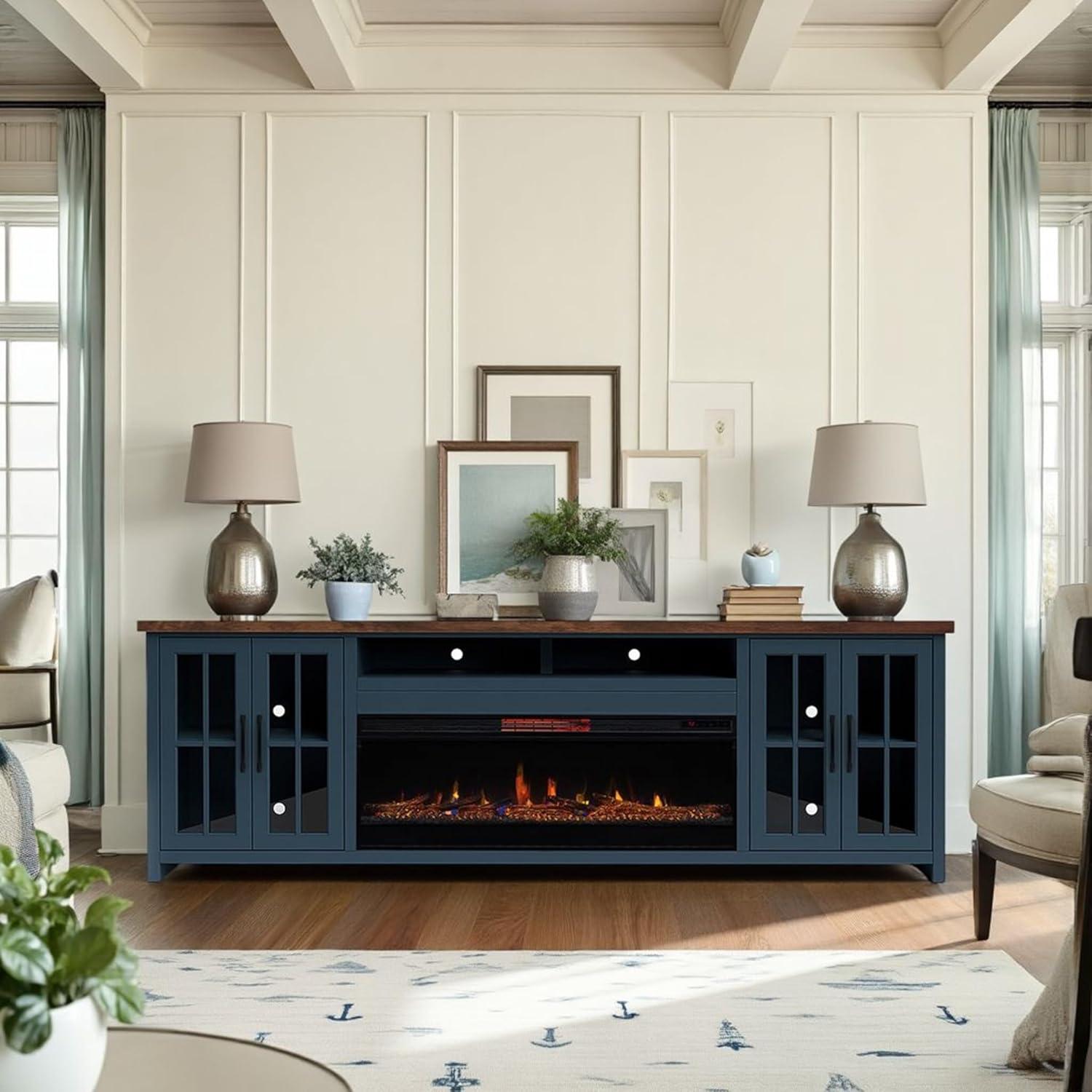 DeeHome Bridgevine Home Nantucket 97 inch Fireplace TV Stand Console for TVs up to 100 inches, Blue Denim and Whiskey Finish