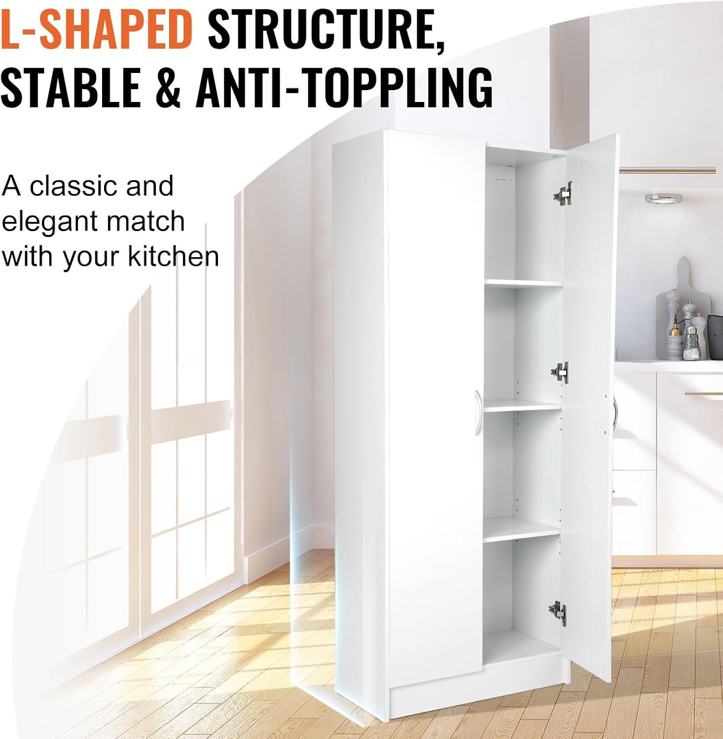 White 60" Tall Freestanding Kitchen Pantry Cabinet with Adjustable Shelves