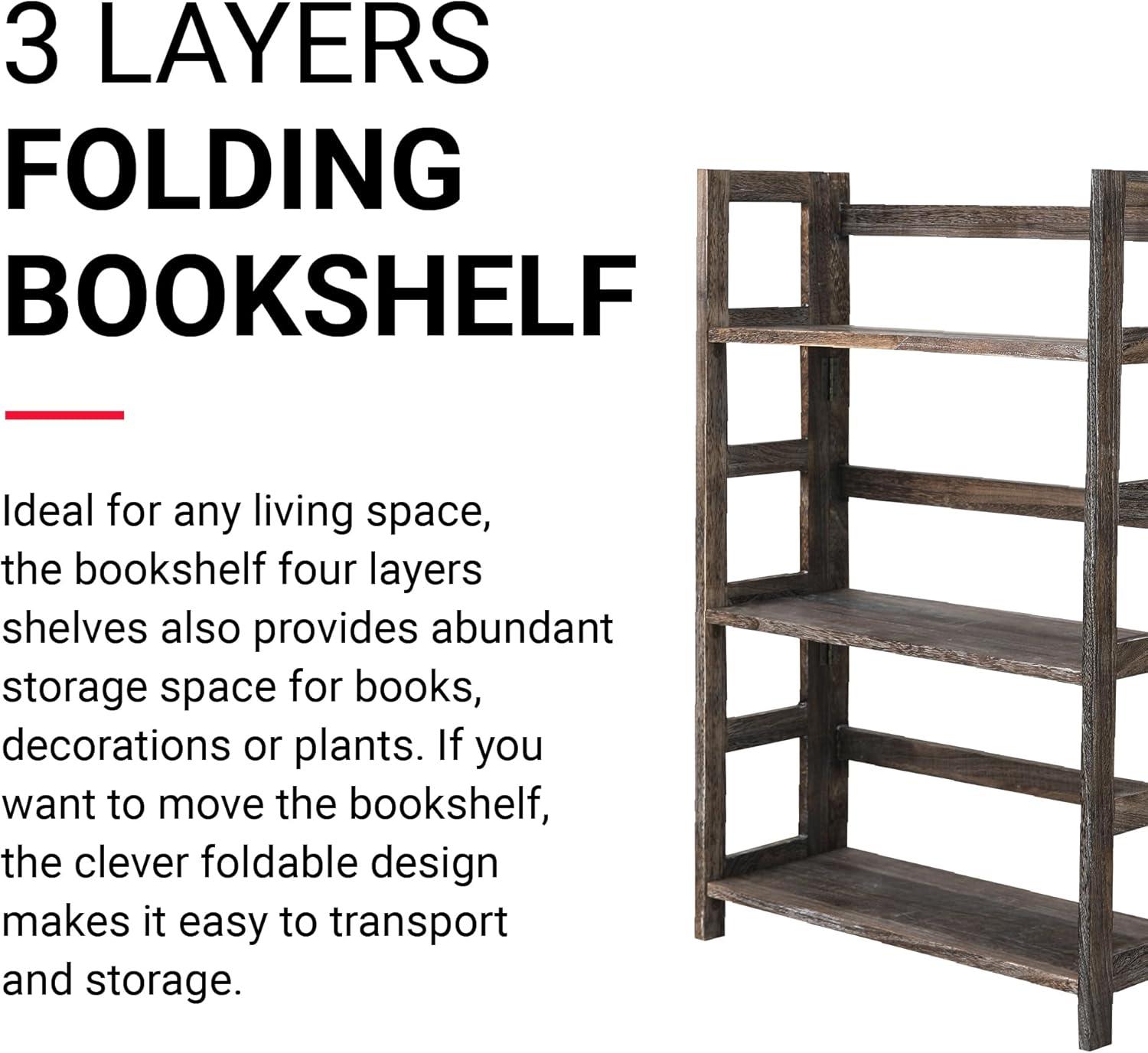 Proman Product Hickory 4 Layers Folding Bookshelf, Paulownia Wood, Walnut Color