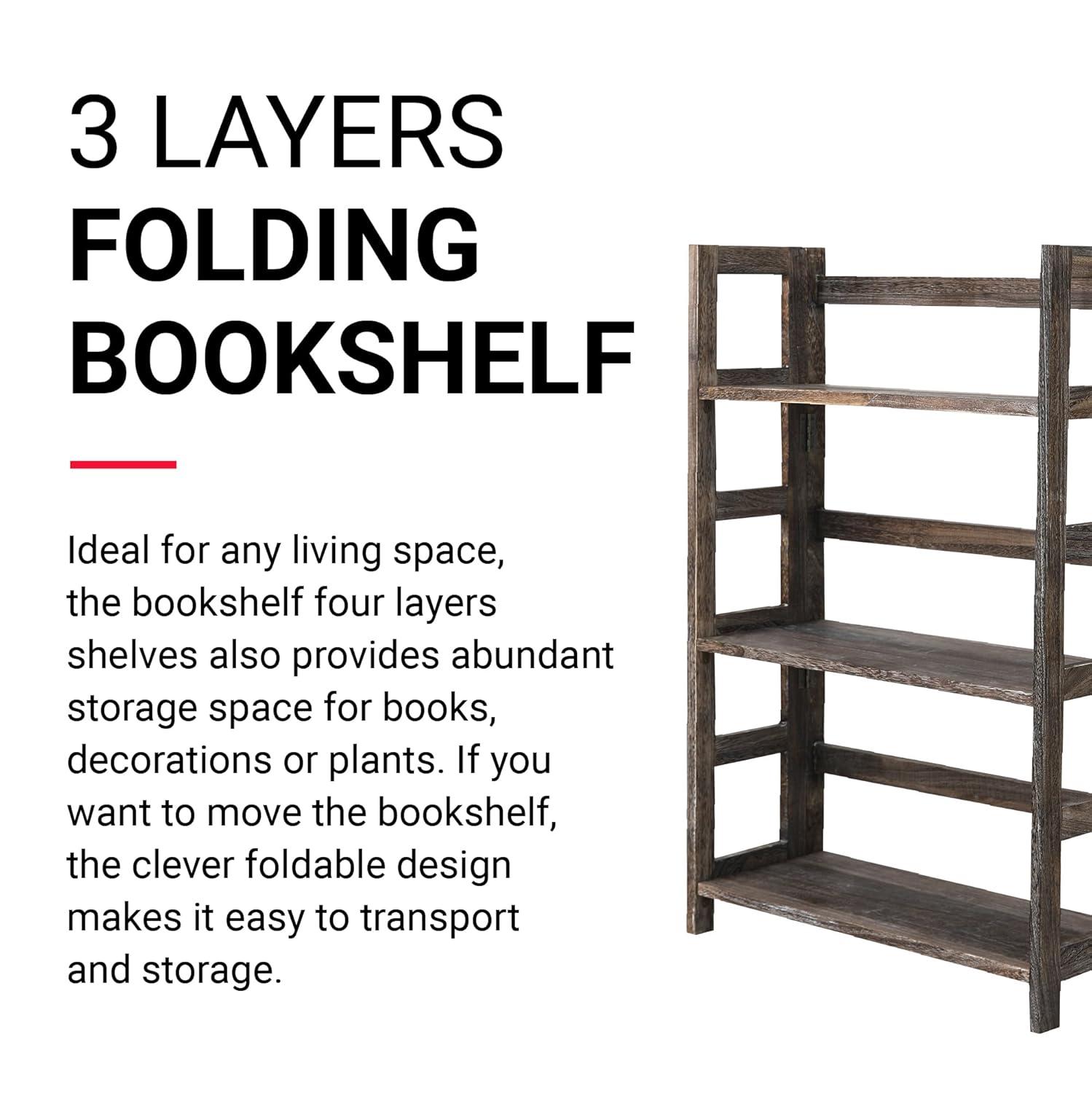 Proman Product Hickory 4 Layers Folding Bookshelf, Paulownia Wood, Walnut Color