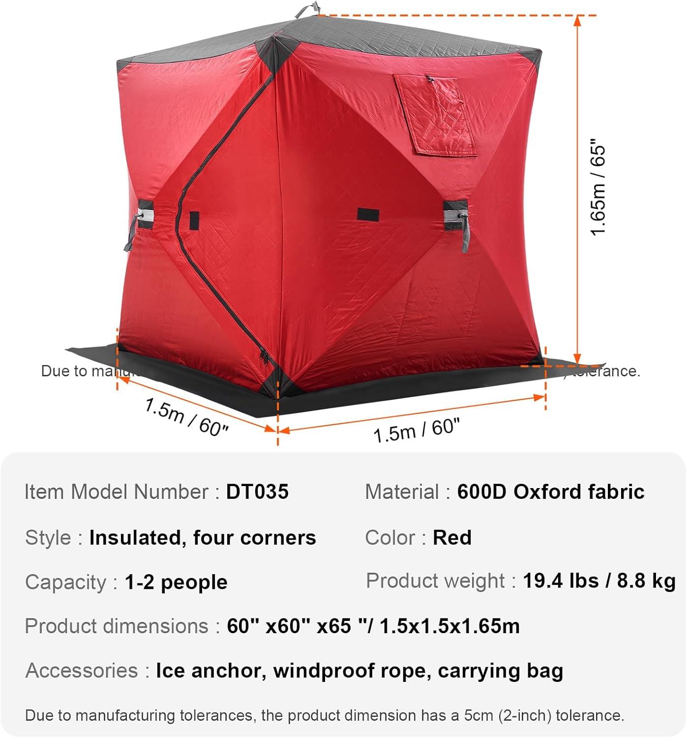 Red Pop-Up 2-Person Insulated Ice Fishing Tent with Carry Bag