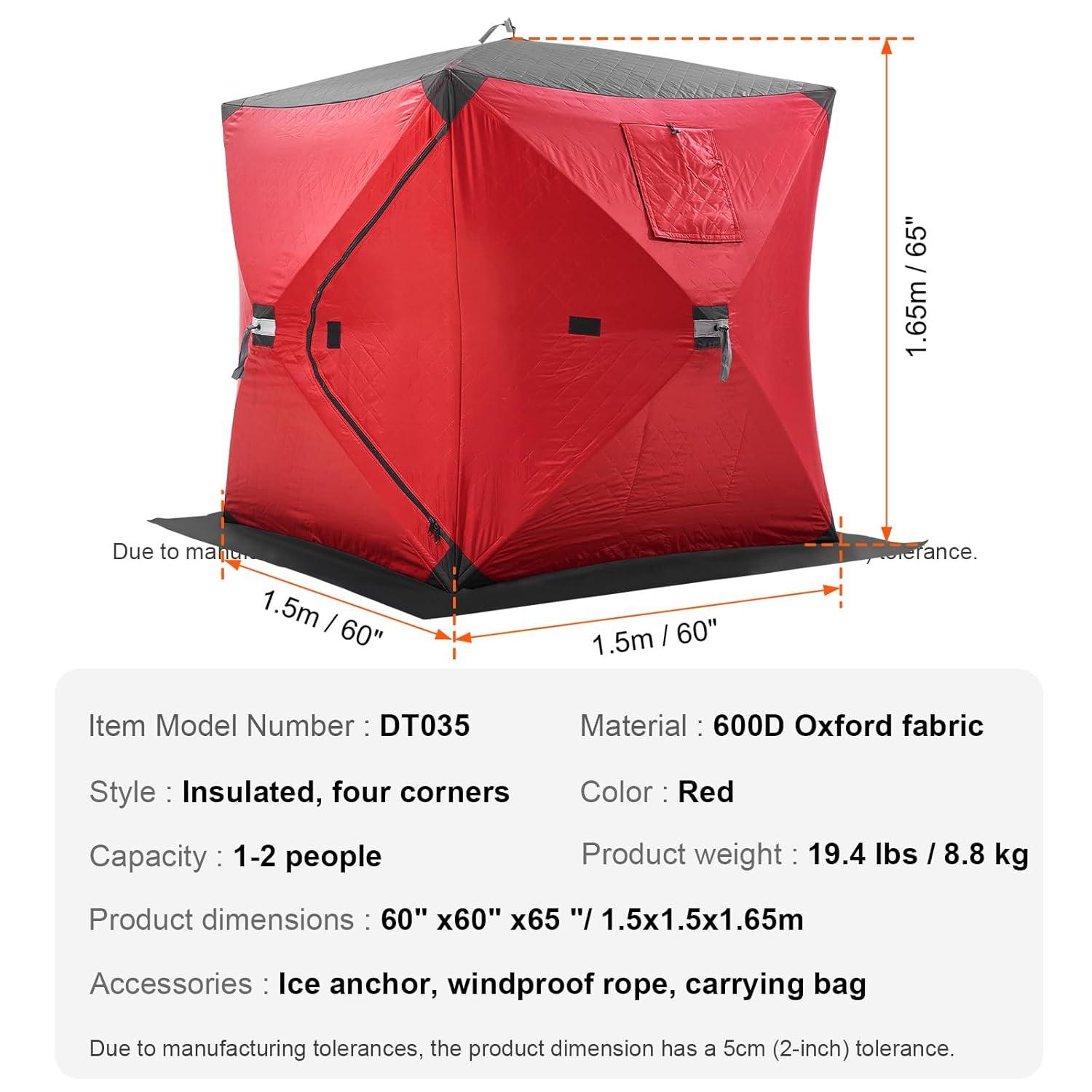 Red Pop-Up 2-Person Insulated Ice Fishing Tent with Carry Bag