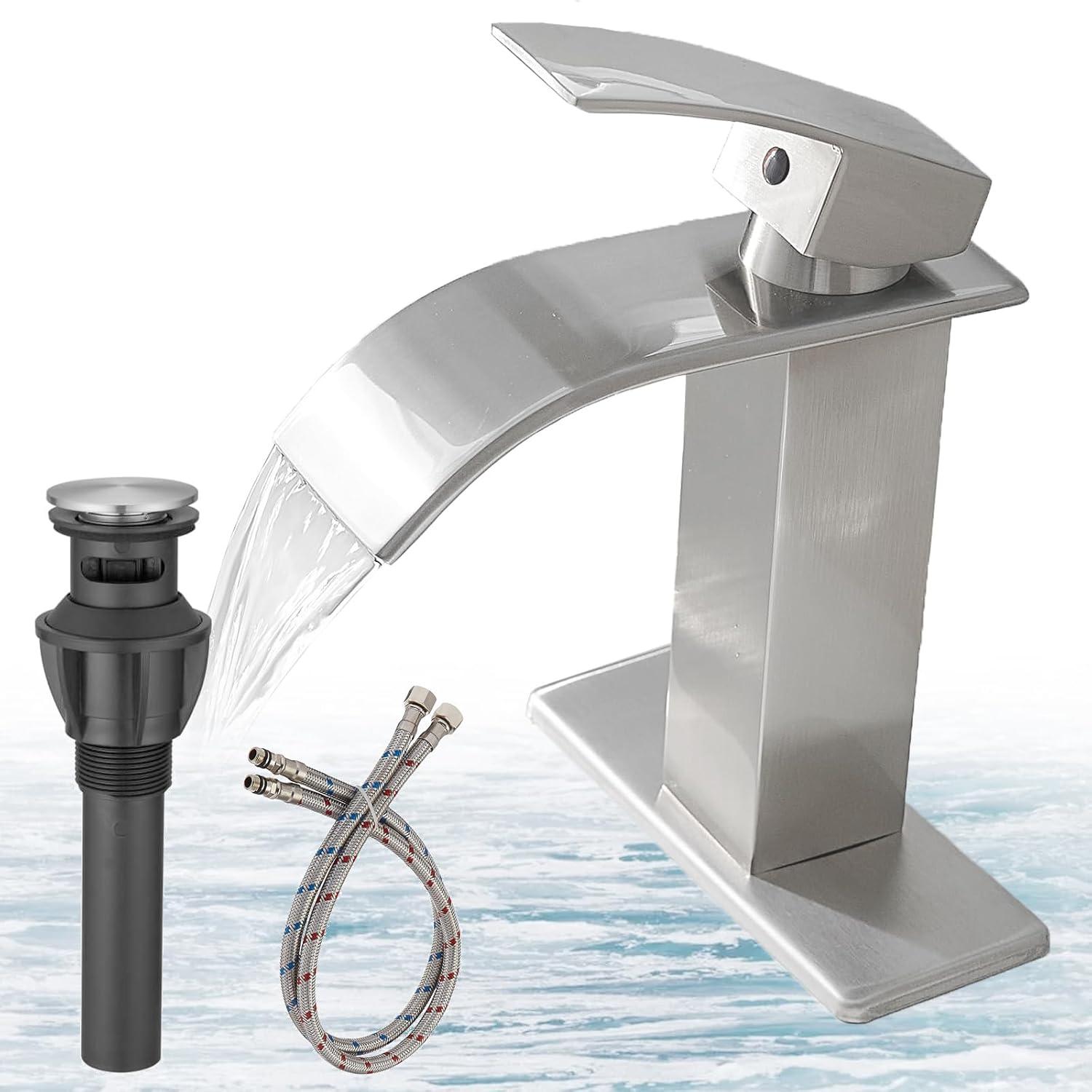 Brushed Nickel Square Waterfall Bathroom Faucet with Deck Plate