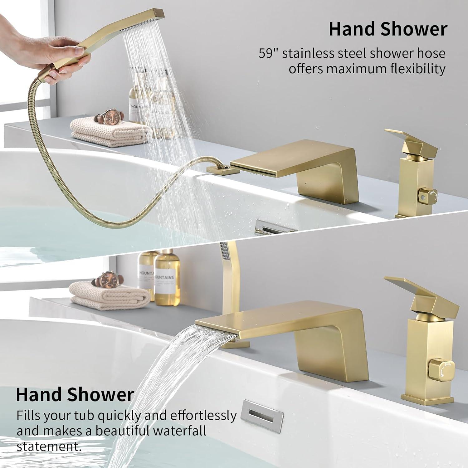 Brushed Gold Single Handle Waterfall Tub Faucet with Hand Shower