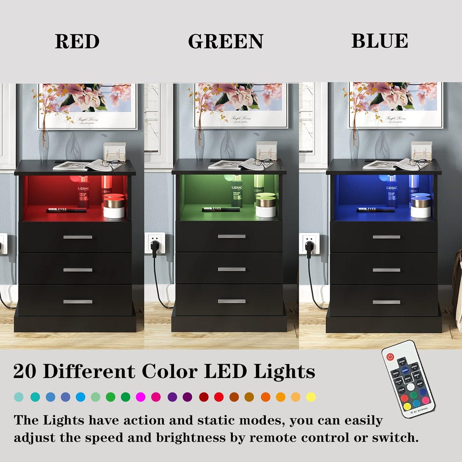 Afuhokles Black LED Nightstand with Charging Station, Night Stand 3 Drawers with Open Storage, Side Table with USB Ports and Outlets