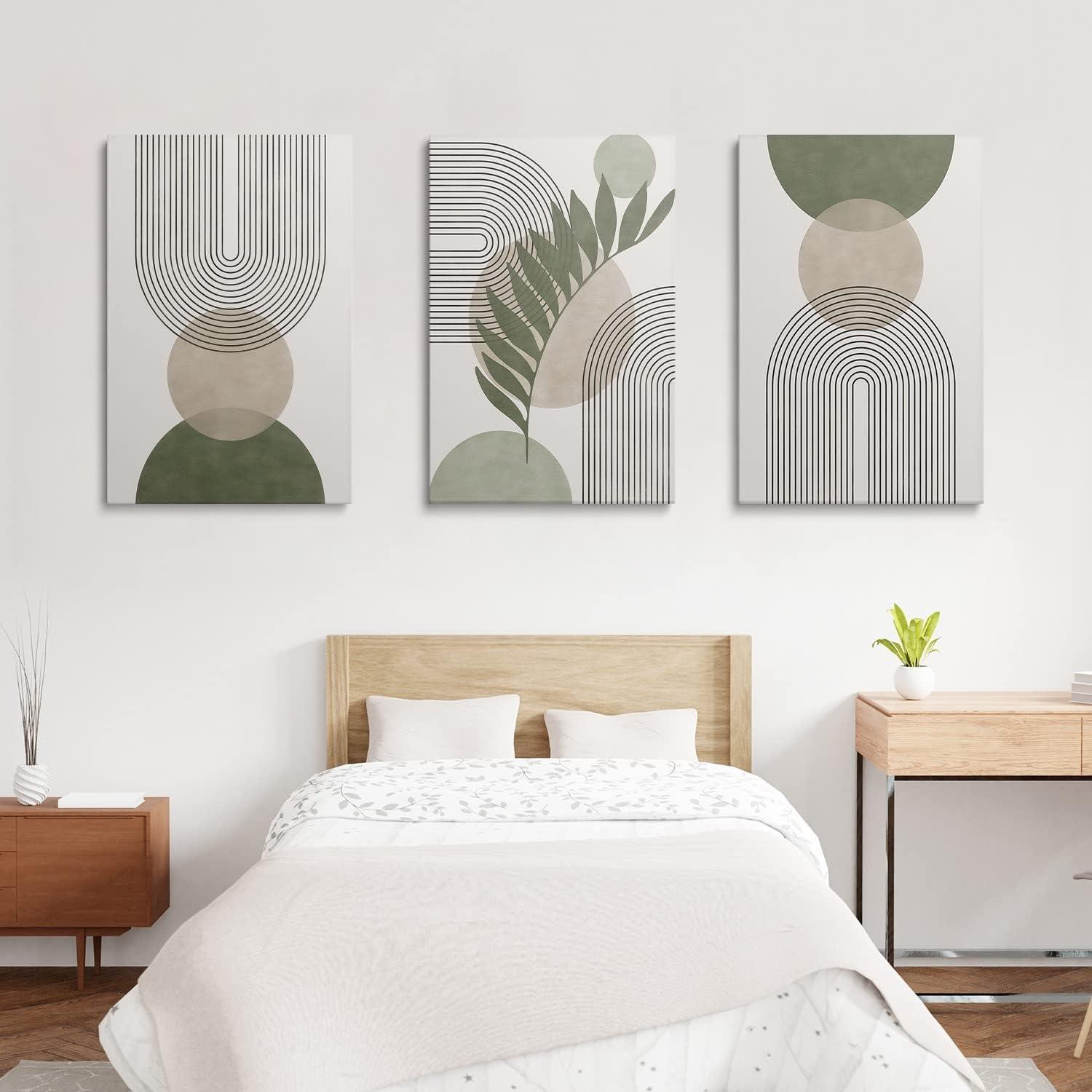 Minimalist Boho Wall Art Set of 3, MidCentury Modern Wall Art, Framed Canvas Wall Art Yellow Green Beige Moon Botanical Geometric Neutral Abstract Artwork Prints, Boho Room Wall Decor Ready To Hang