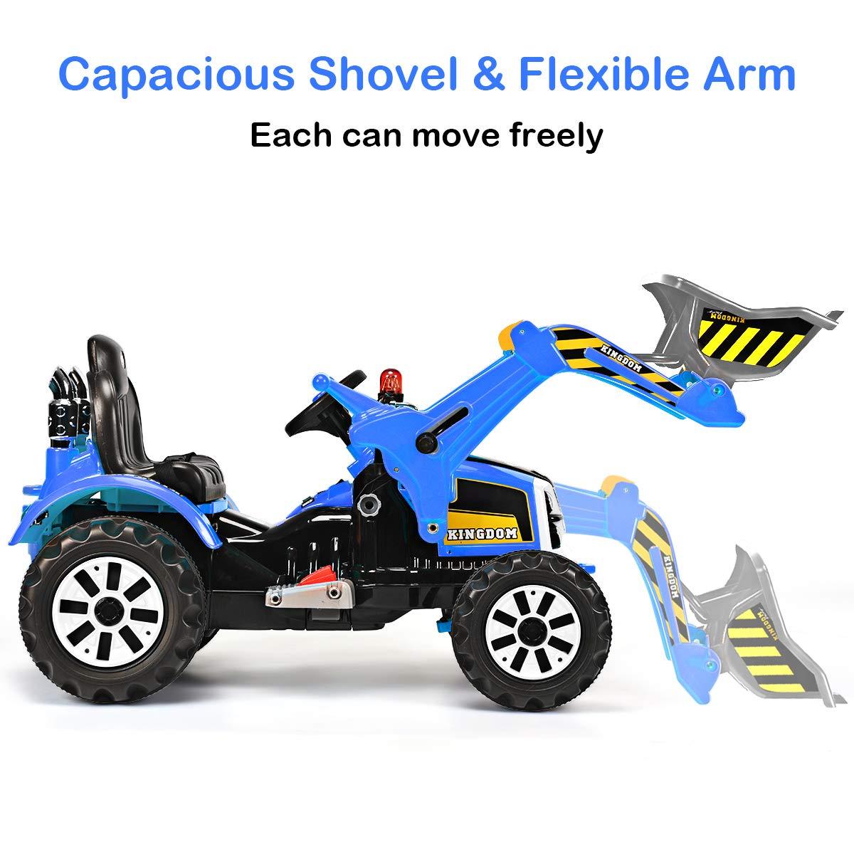 HONEY JOY Ride on Excavator, 12V Battery Powered Construction Vehicles for Kids, Front Loader Shovel w/Horn, 2 Speeds, Forward/Backward, Safety Belt, Kids Bulldozer for Boys Girls(Blue)