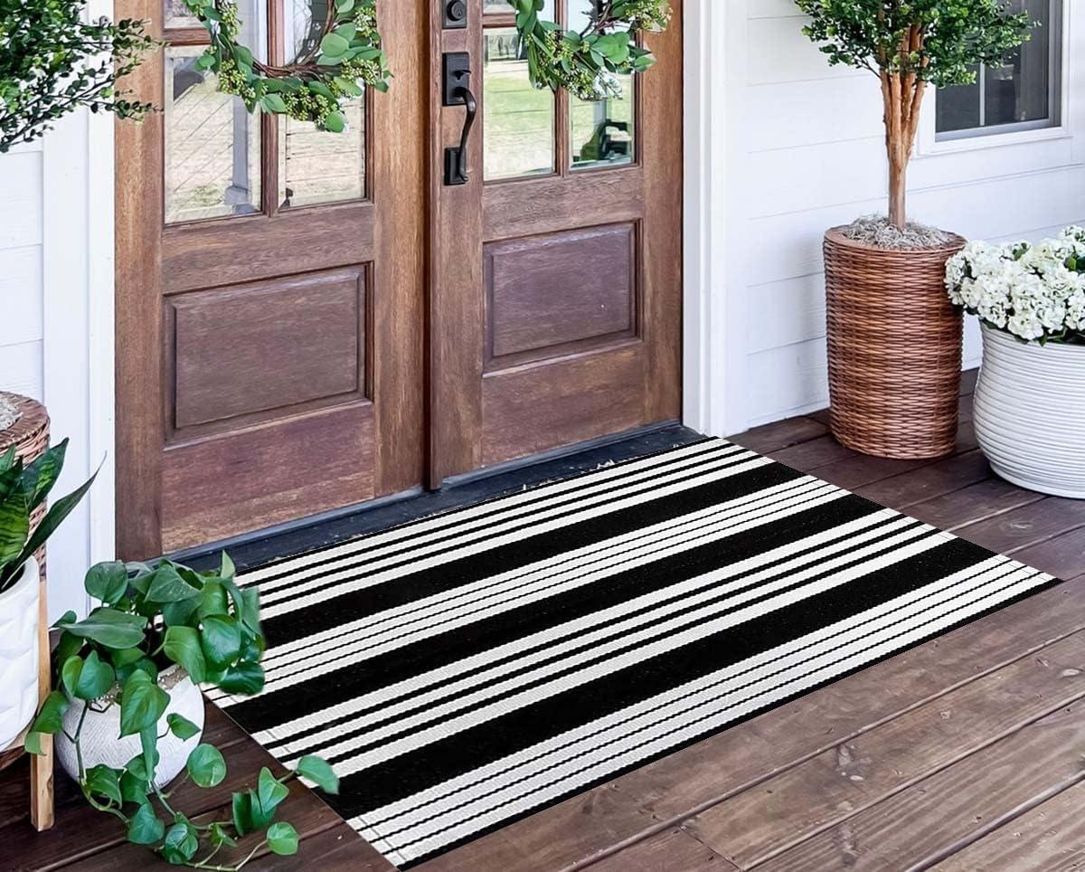 Black and White Striped Hand-Woven Outdoor Rug 24'' x 51''