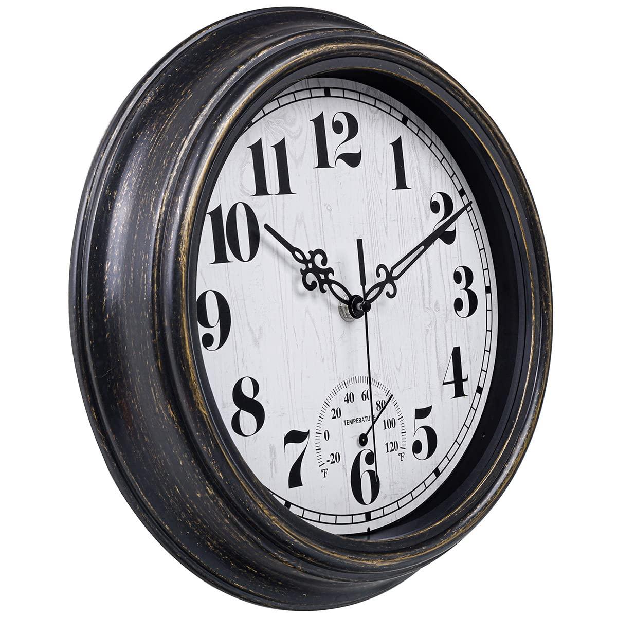 12 Inch Retro Silent Wall Clock,Indoor and Outdoor,Waterproof,Thermometer,Black