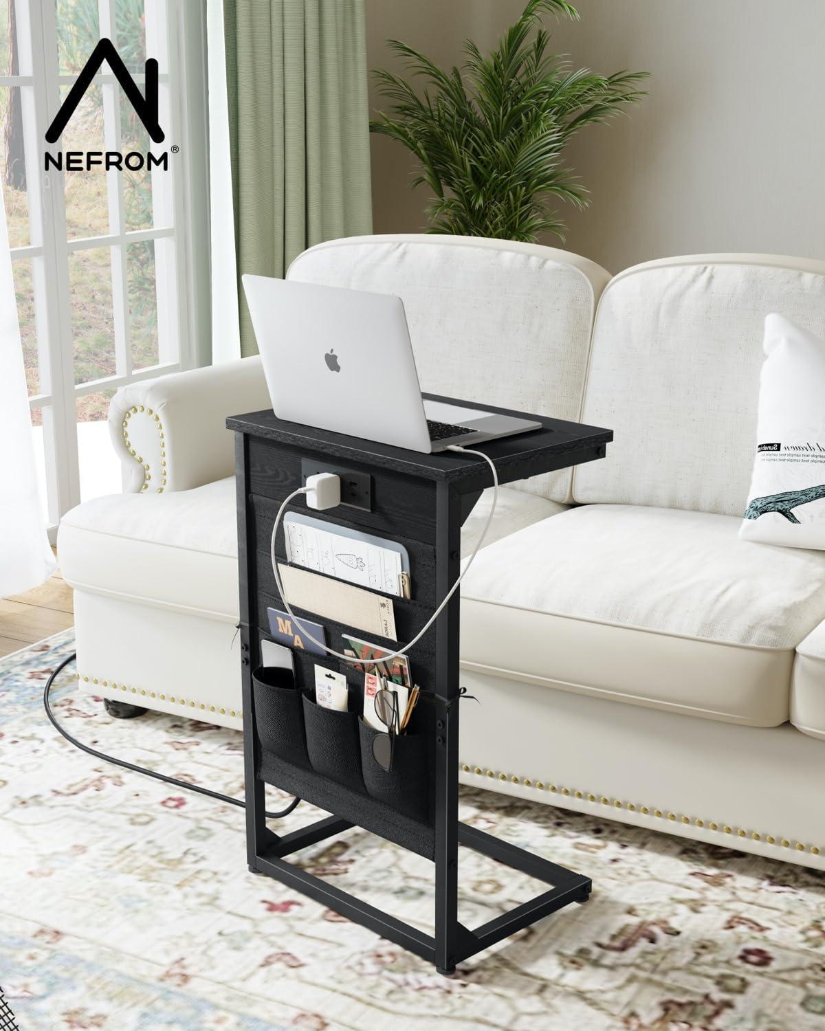 Black Metal C-Shaped End Tables with Charging Station