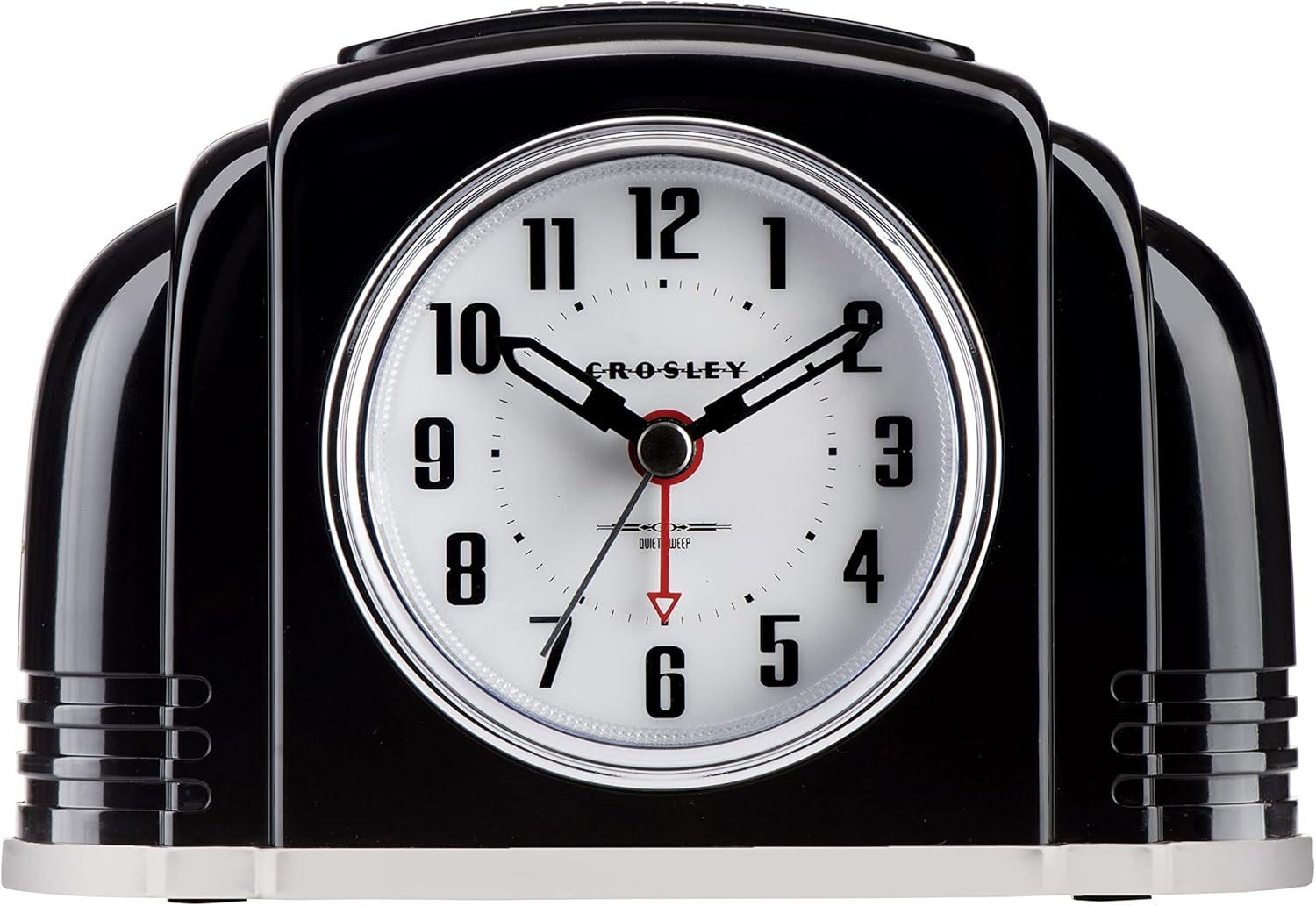 Black Art Deco Metal Analog Alarm Clock with Ivory Dial