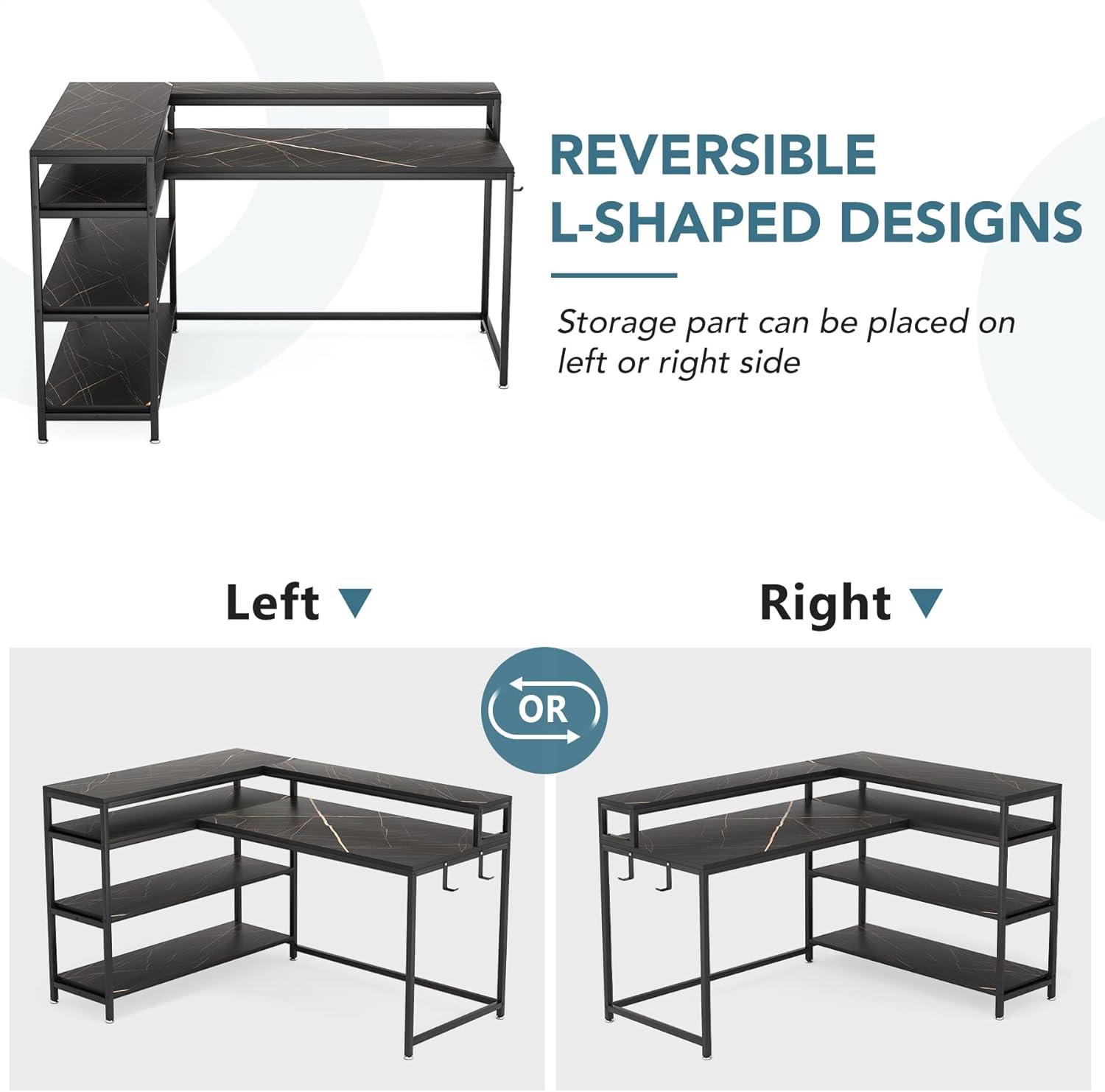 Black Faux Marble L-Shaped Gaming Desk with Shelves