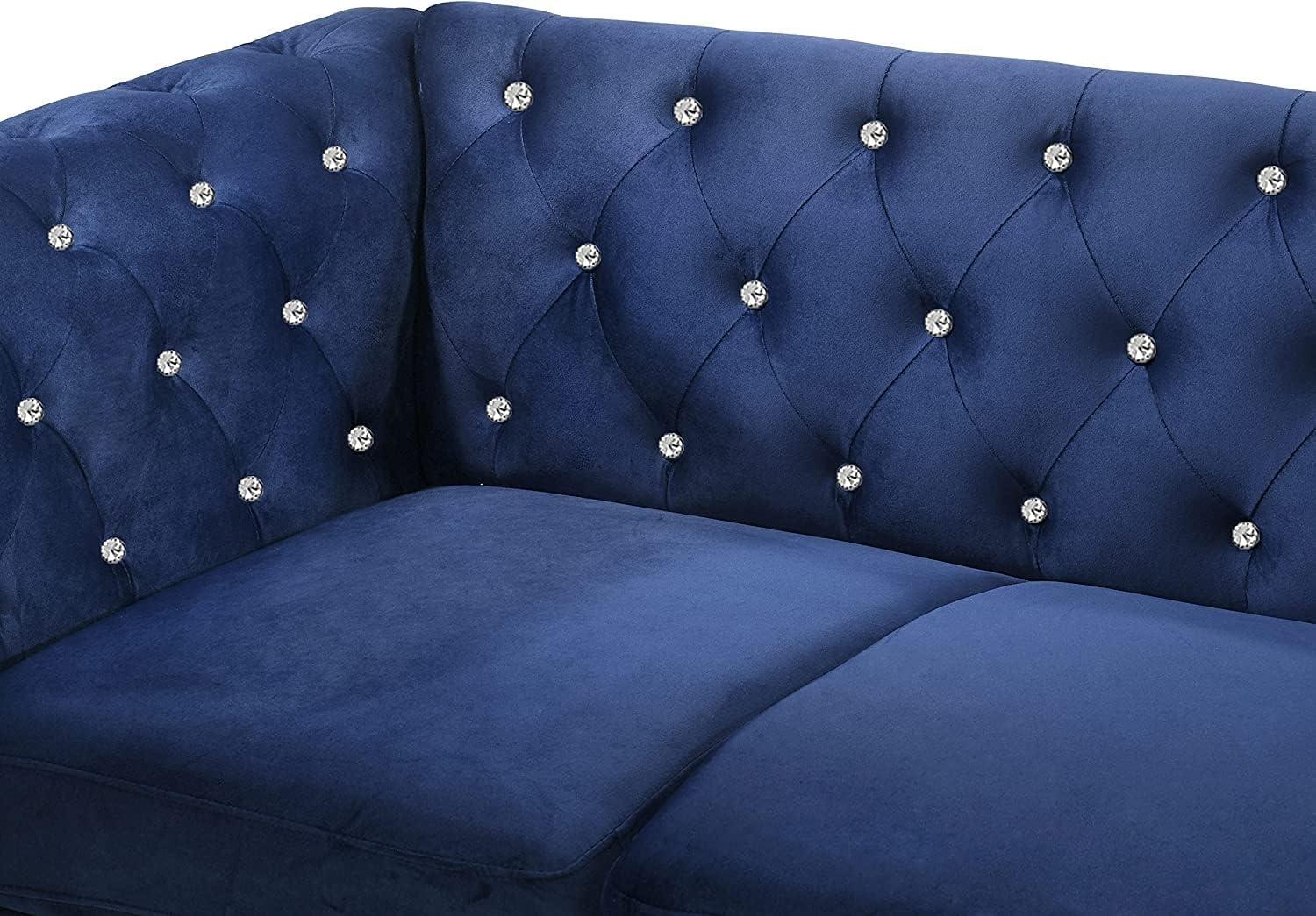 Emma Royal Blue Velvet Loveseat and Sofa Set with Crystal Buttons