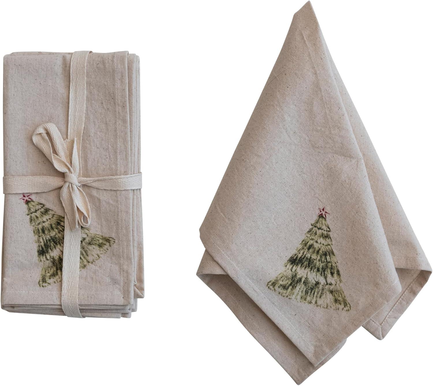 Natural Cotton Christmas Tree Printed Napkins, Set of 4