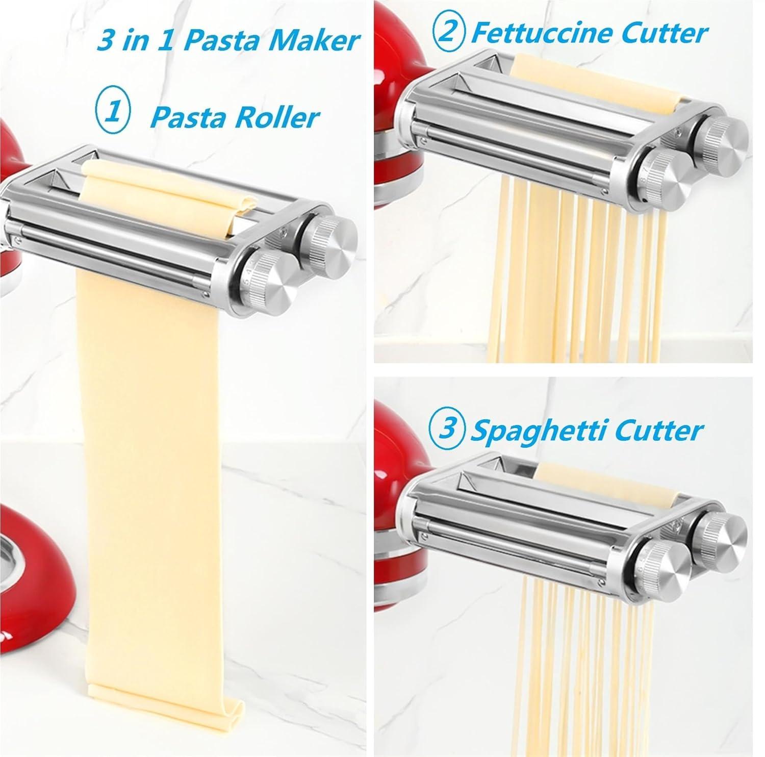Pasta Maker Attachment for KitchenAid Mixers,3 in 1 Set Included Pasta Sheet Roller, Spaghetti Cutter, Fettuccine Cutter Accessories and Cleaning Brush
