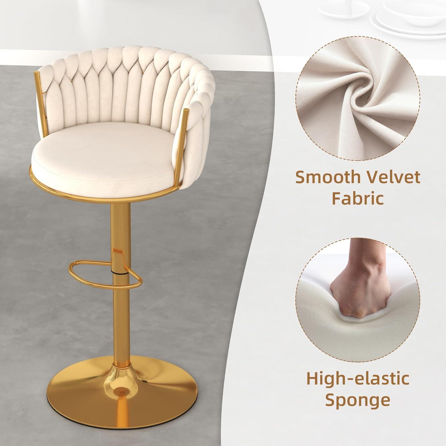 Counter Height Stools Set of 2, Velvet Bar Stools with 27 Inches Upholstered Seat Height, Handmade Woven Back Armrest, Sturdy Golden Metal Legs for Home Dining Pub Kitchen Island, Beige