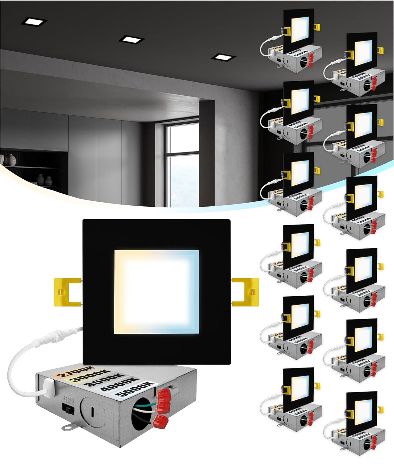 4 in. Slim Canless Square LED Recessed Light 12W 5CCT Dimmable IC Rated 550LM Black Trim 12PK