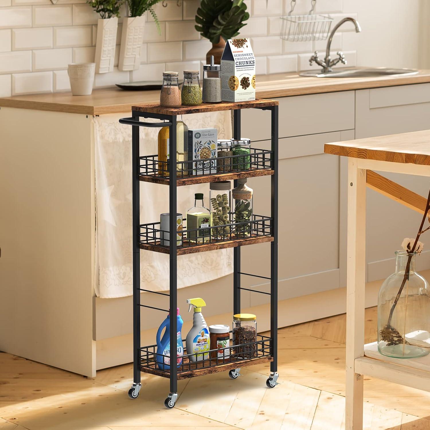 Slim Brown Wood and Metal 4-Tier Rolling Kitchen Cart