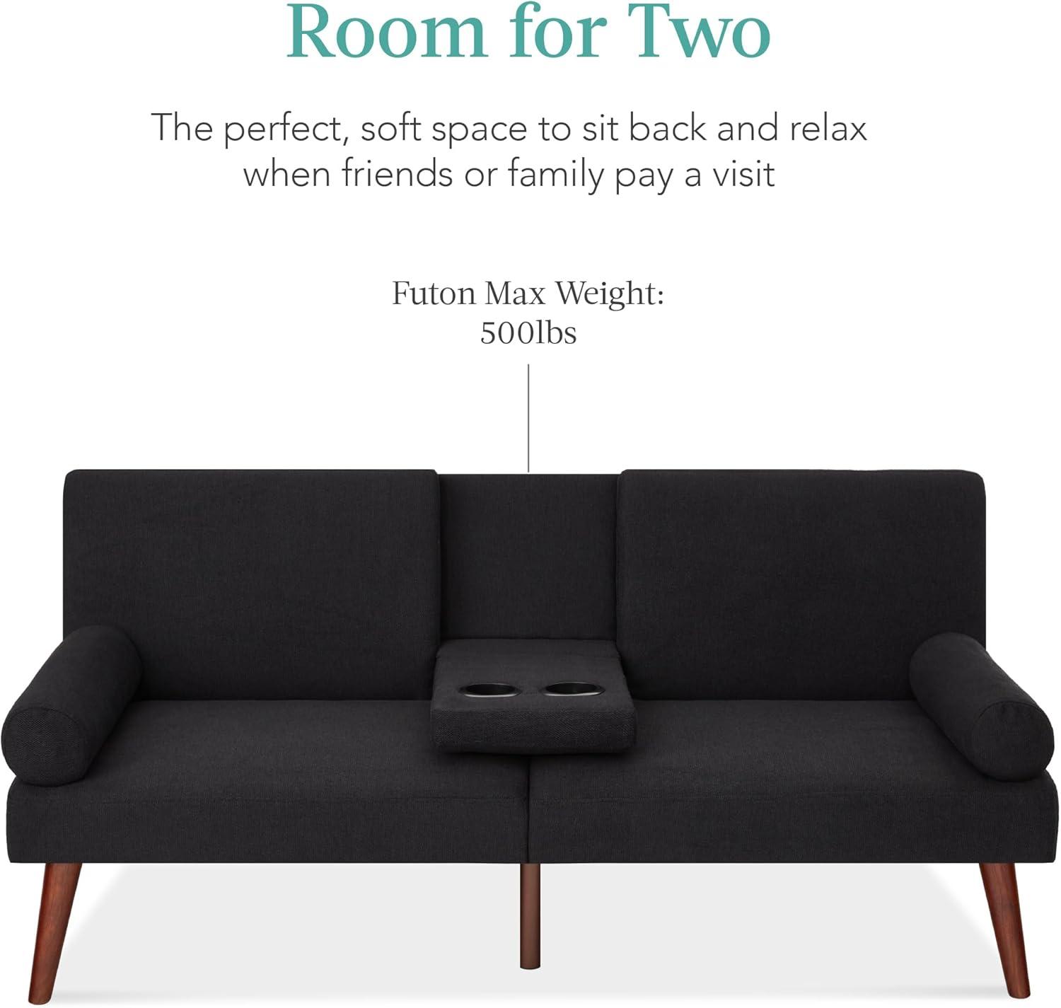 Best Choice Products Fabric Upholstered Convertible Futon w/ Rounded Armrests, Wooden Legs, 2 Cupholders - Black