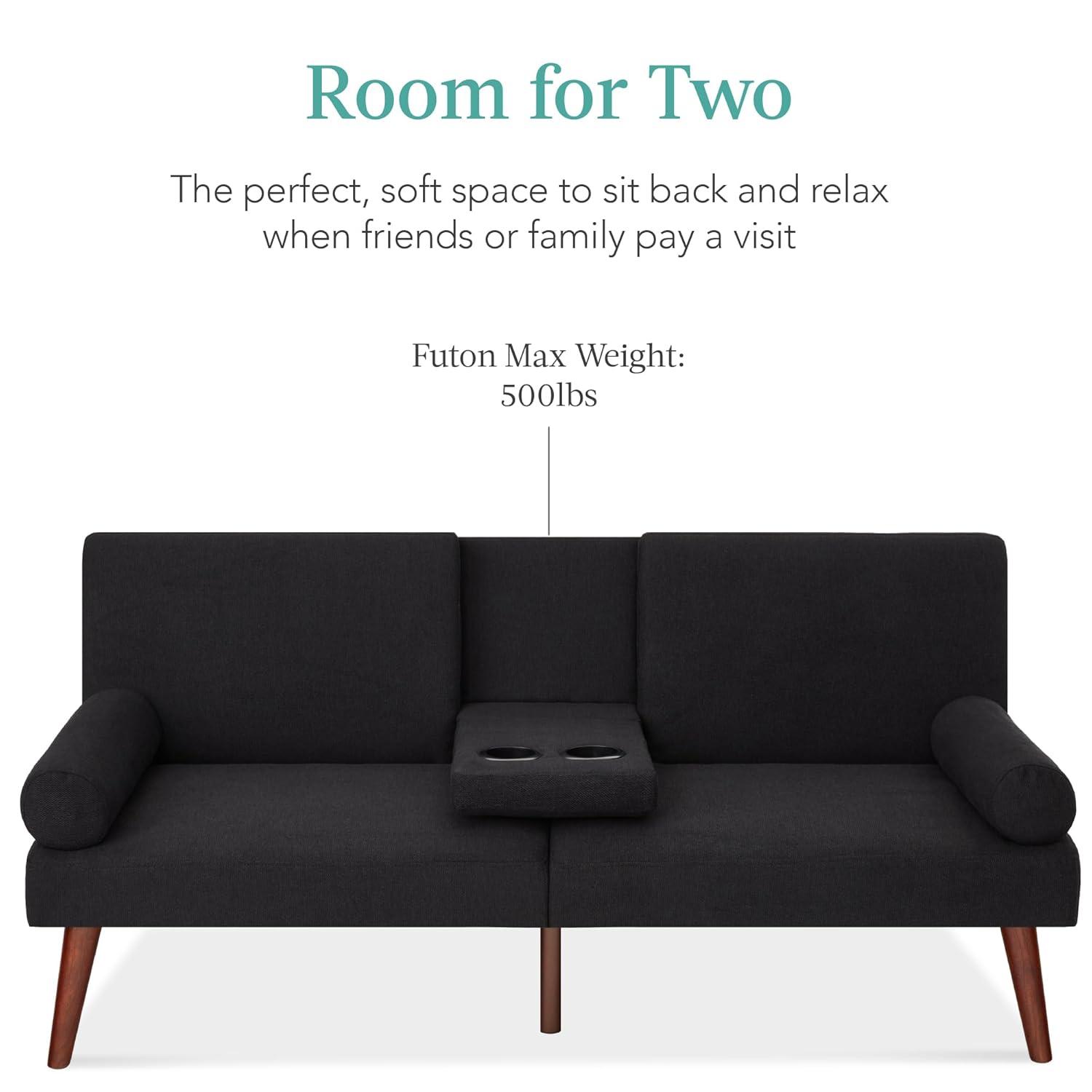 Best Choice Products Fabric Upholstered Convertible Futon w/ Rounded Armrests, Wooden Legs, 2 Cupholders - Black