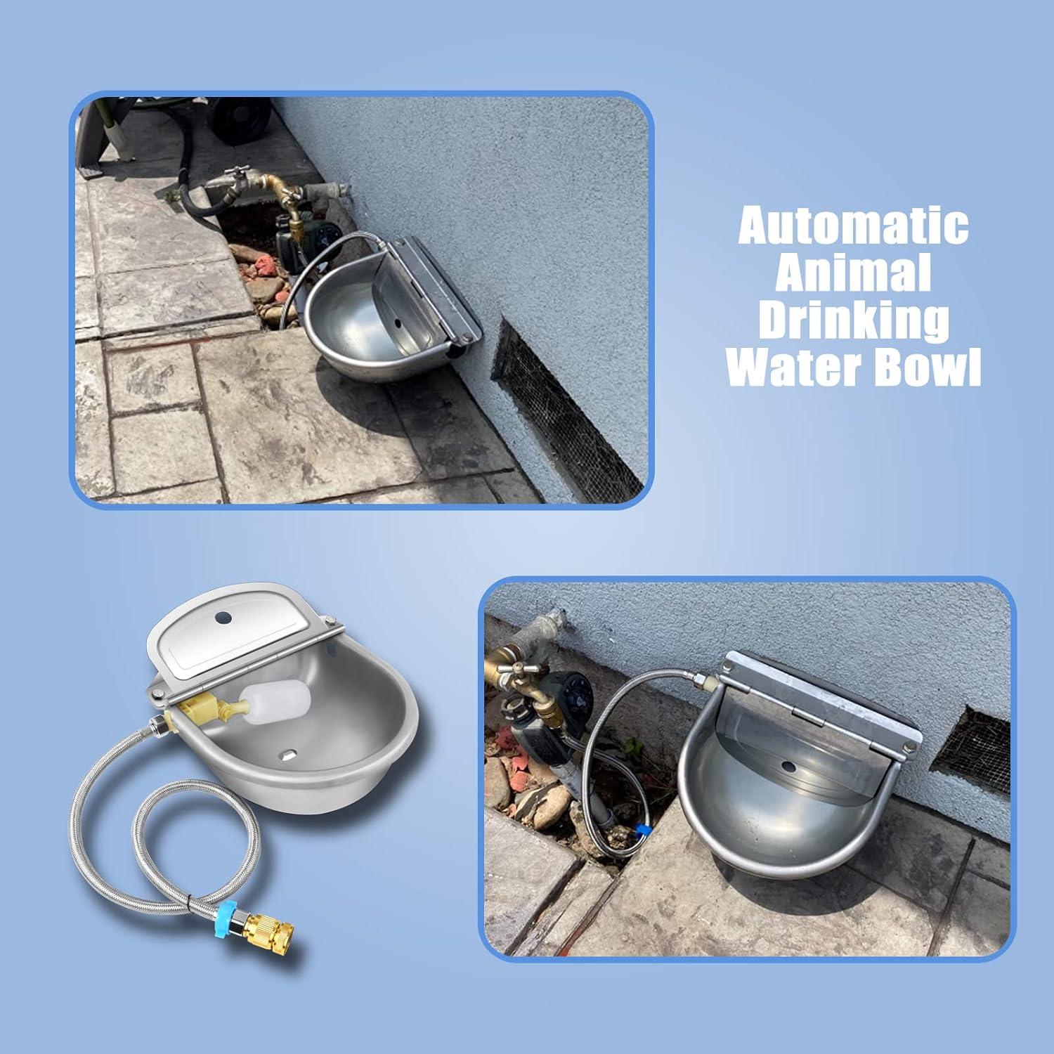 Automatic Dog Drinking Water Bowl, 304 Stainless Steel Outdoor Waterer for Dog Horse Pig Cow, Large Animal Dispenser with 2 Float Valves, Pipe Hose, Quick Connector and Expansion Bolt