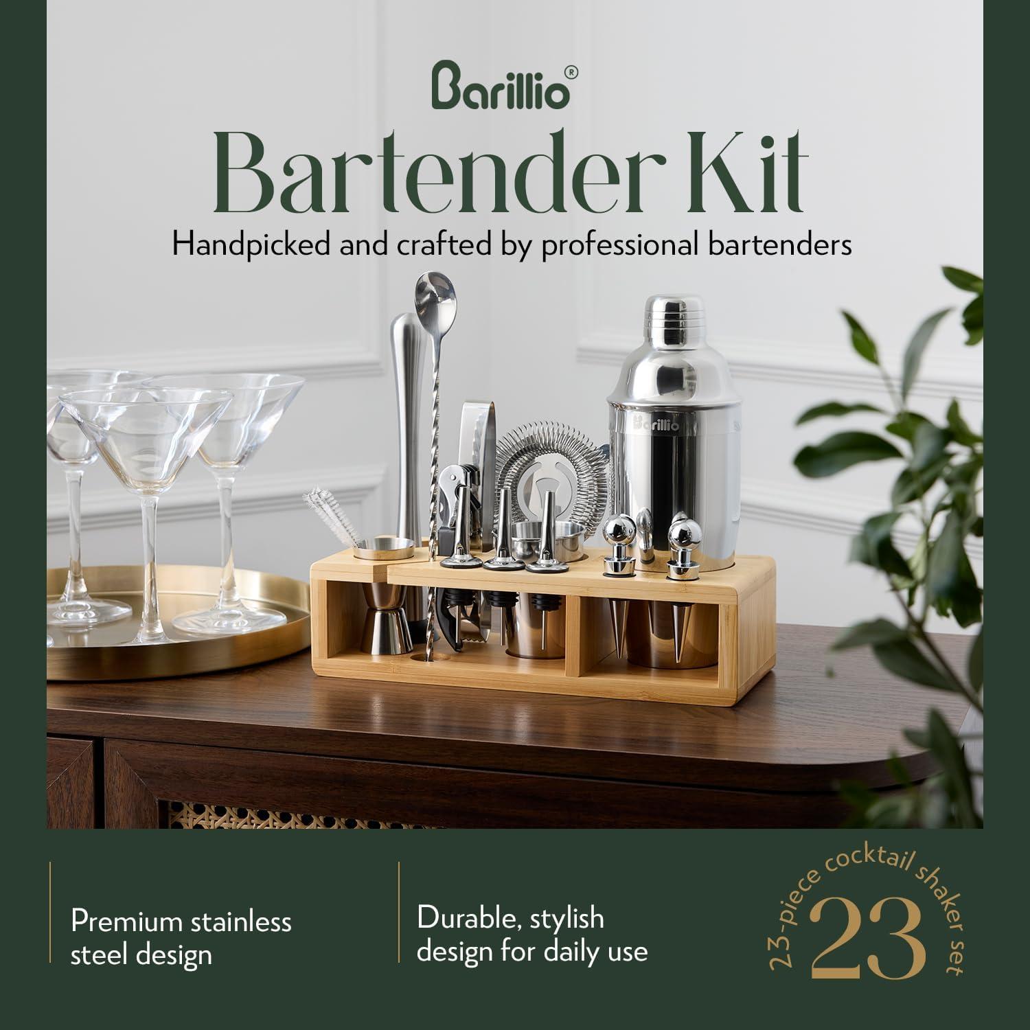 23-Piece Silver Stainless Steel Bartender Kit with Bamboo Stand