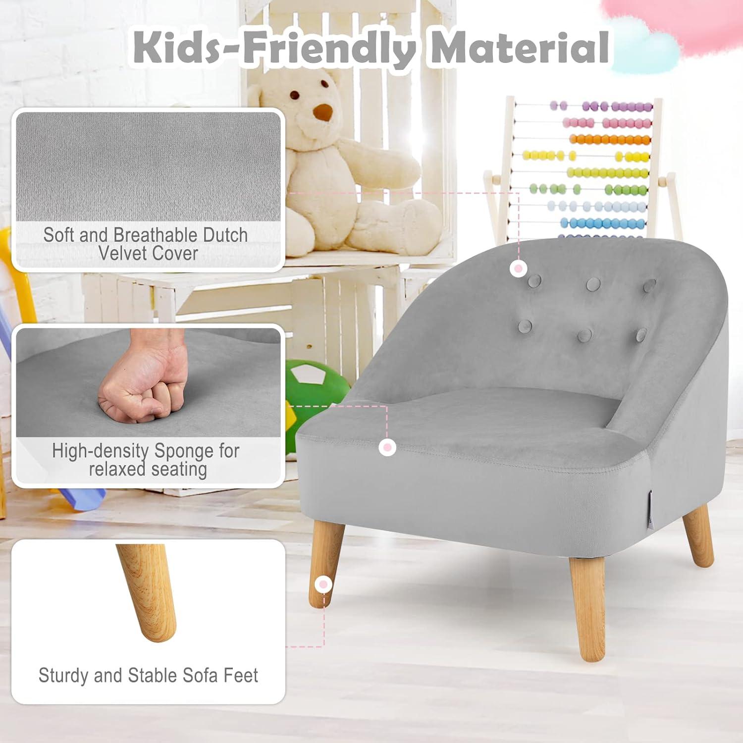 Costway Kids Sofa Chair w/ Ottoman Toddler Single Sofa Velvet Upholstered Couch Grey\Pink