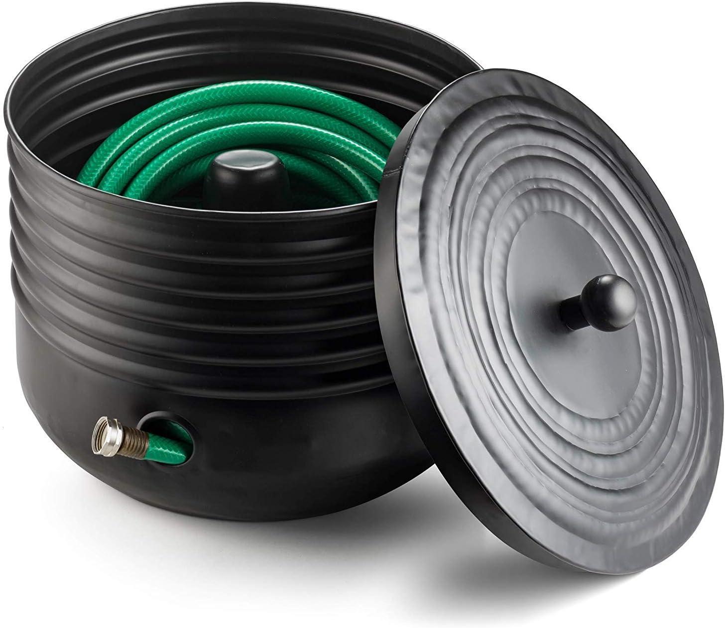 Black Ribbed Steel Garden Hose Pot Holder with Lid