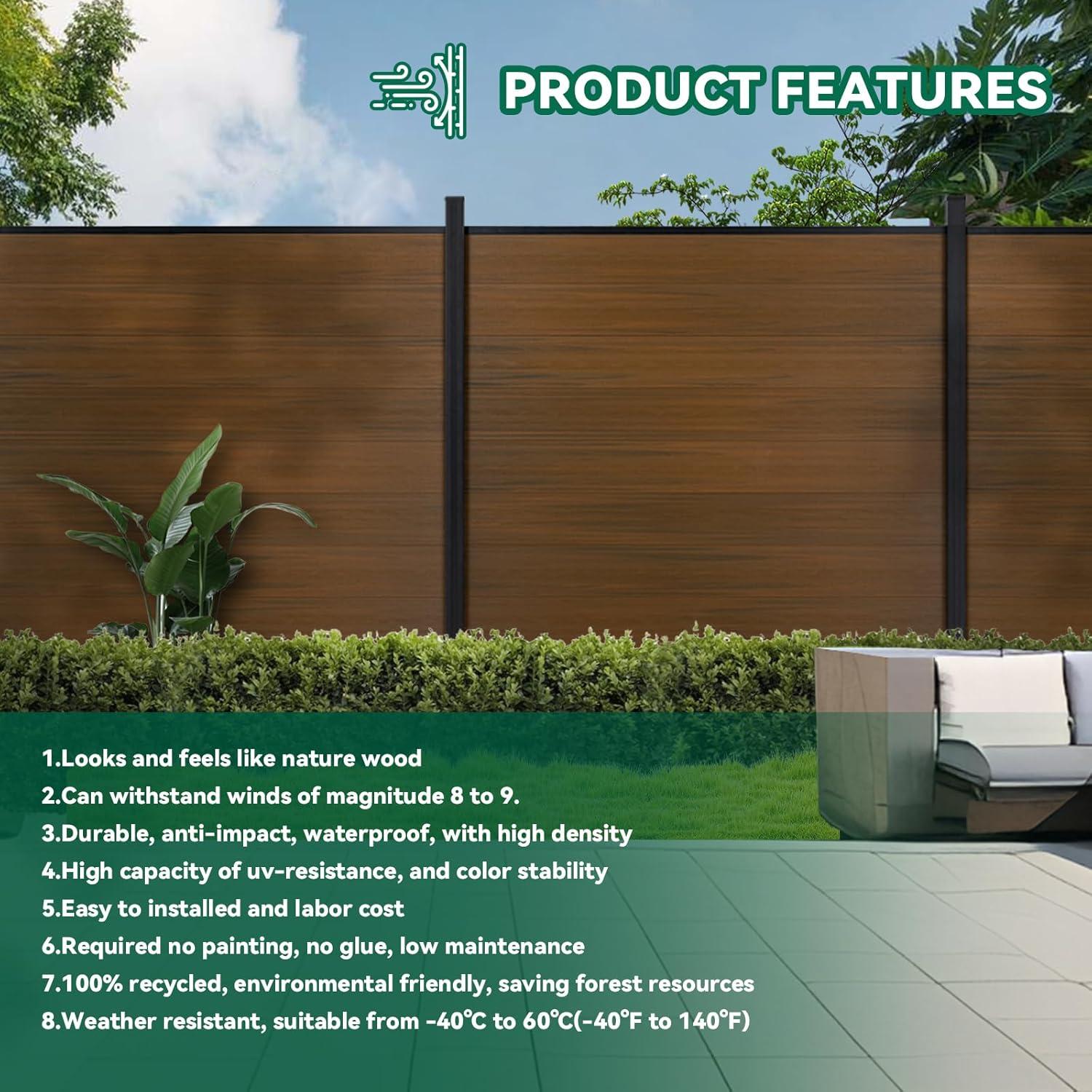 Privacy Fence for Outside, 6ftx6ft Outdoor Privacy Panels with In-ground Post, Wind Resistant Wood Plastic Composite Fencing for Patio, Backyard, Garden and Swimming Pool (Brown with 1 Post)