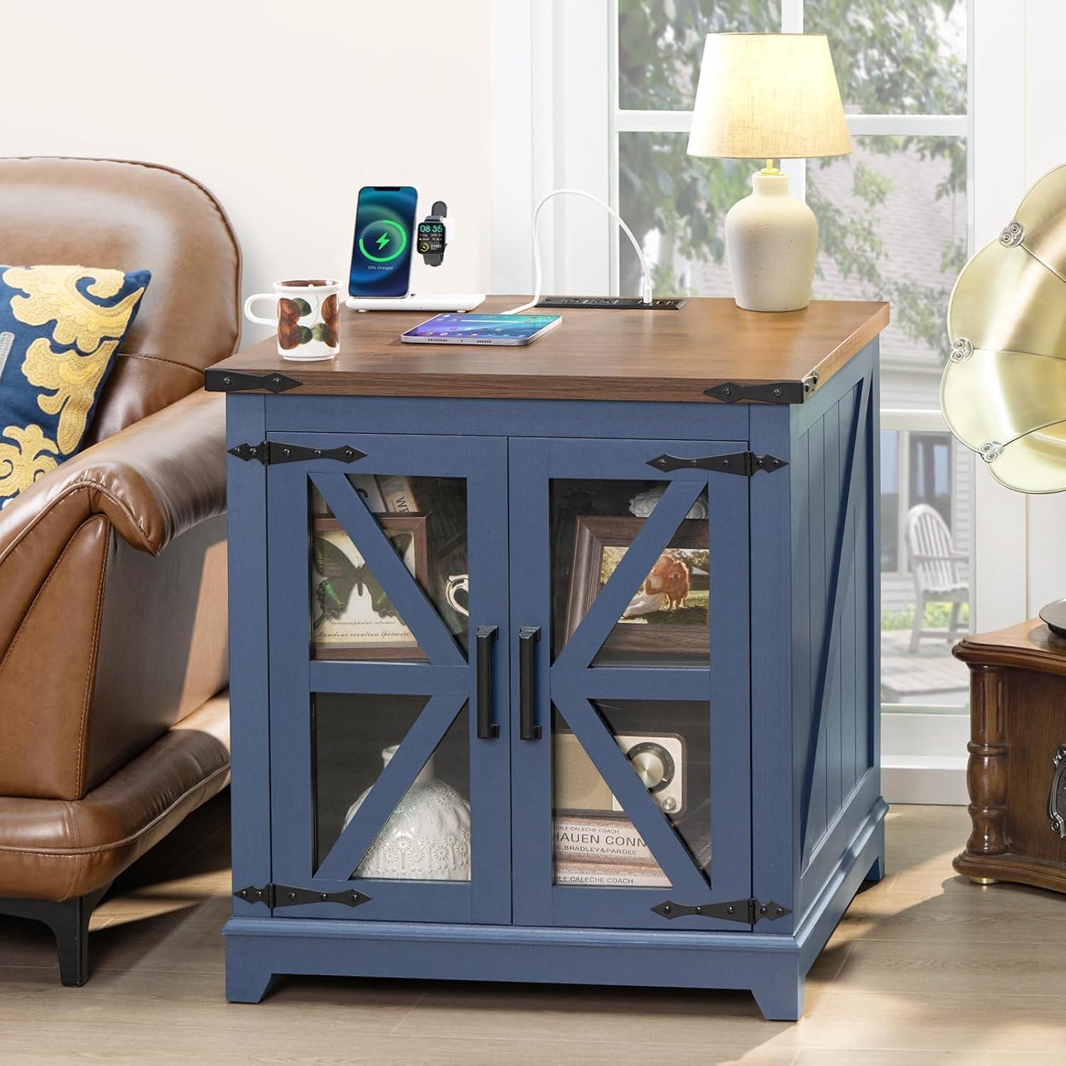 Blue Farmhouse Wood and Glass End Table with Storage