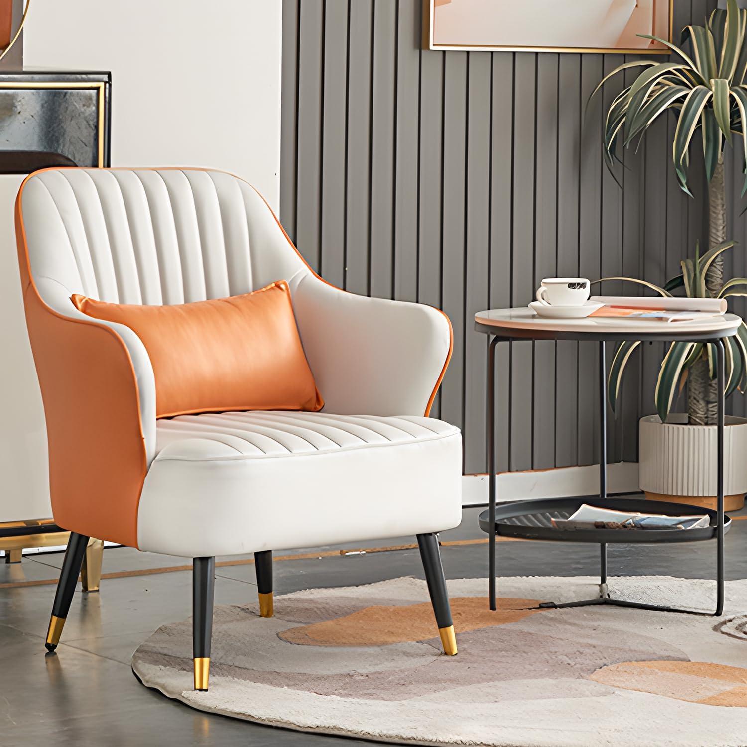 White and Orange Barrel Accent Chair with Golden Metal Legs