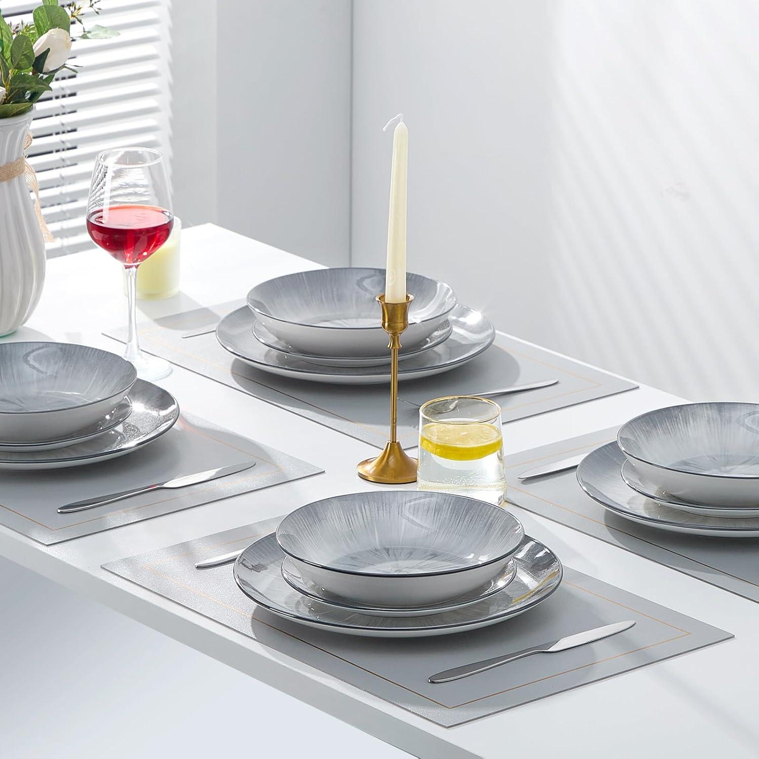 Starburst Gray 12-Piece Porcelain Dinnerware Set, Service for 4