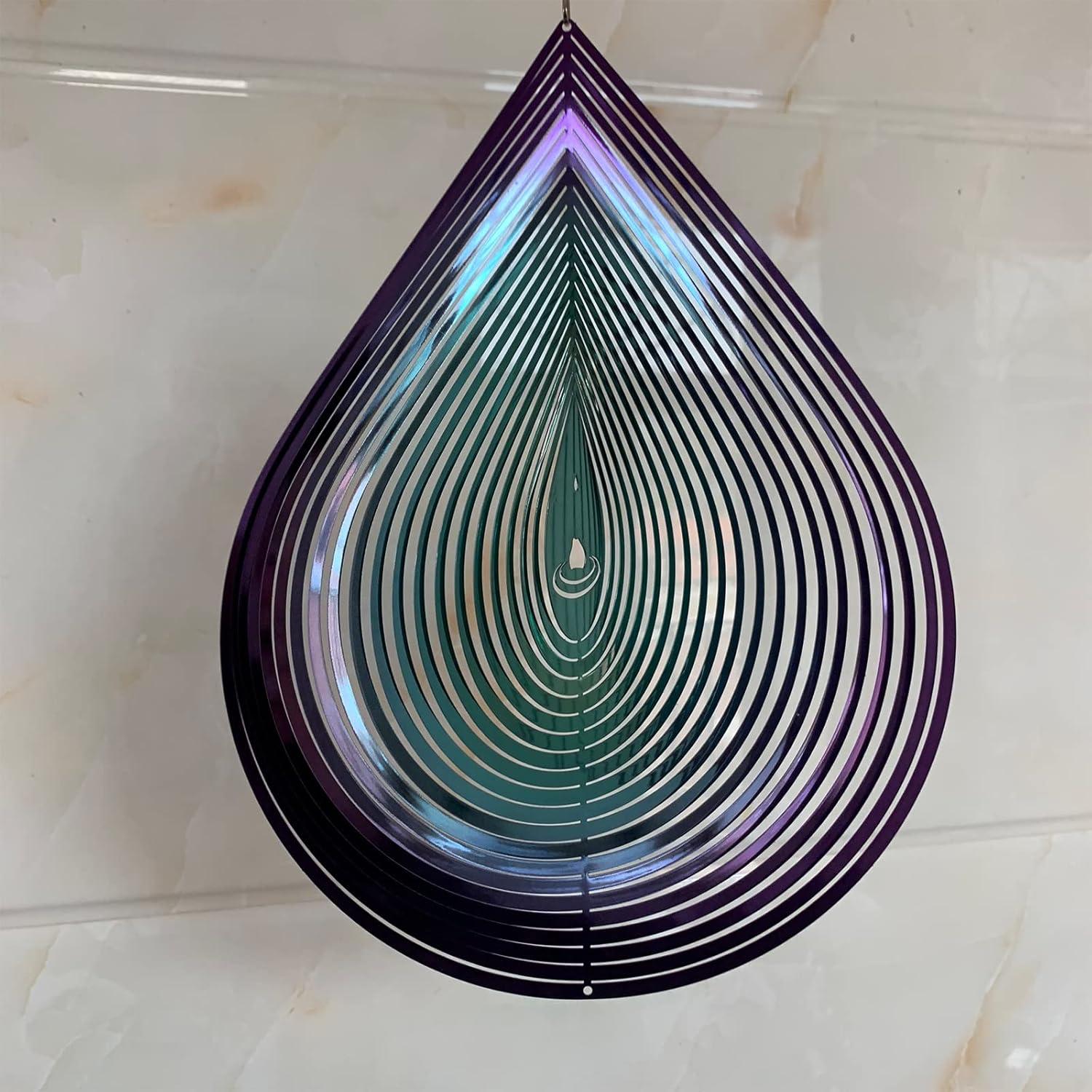 Wind Spinner Garden Indoor Outdoor Decor 3D Stainless Steel Metal Hanging Decorations, 3D Water Droplets Pattern Metal Wind Sculptures & Spinners Whirligig Gifts with 12inch(Green&Purple)
