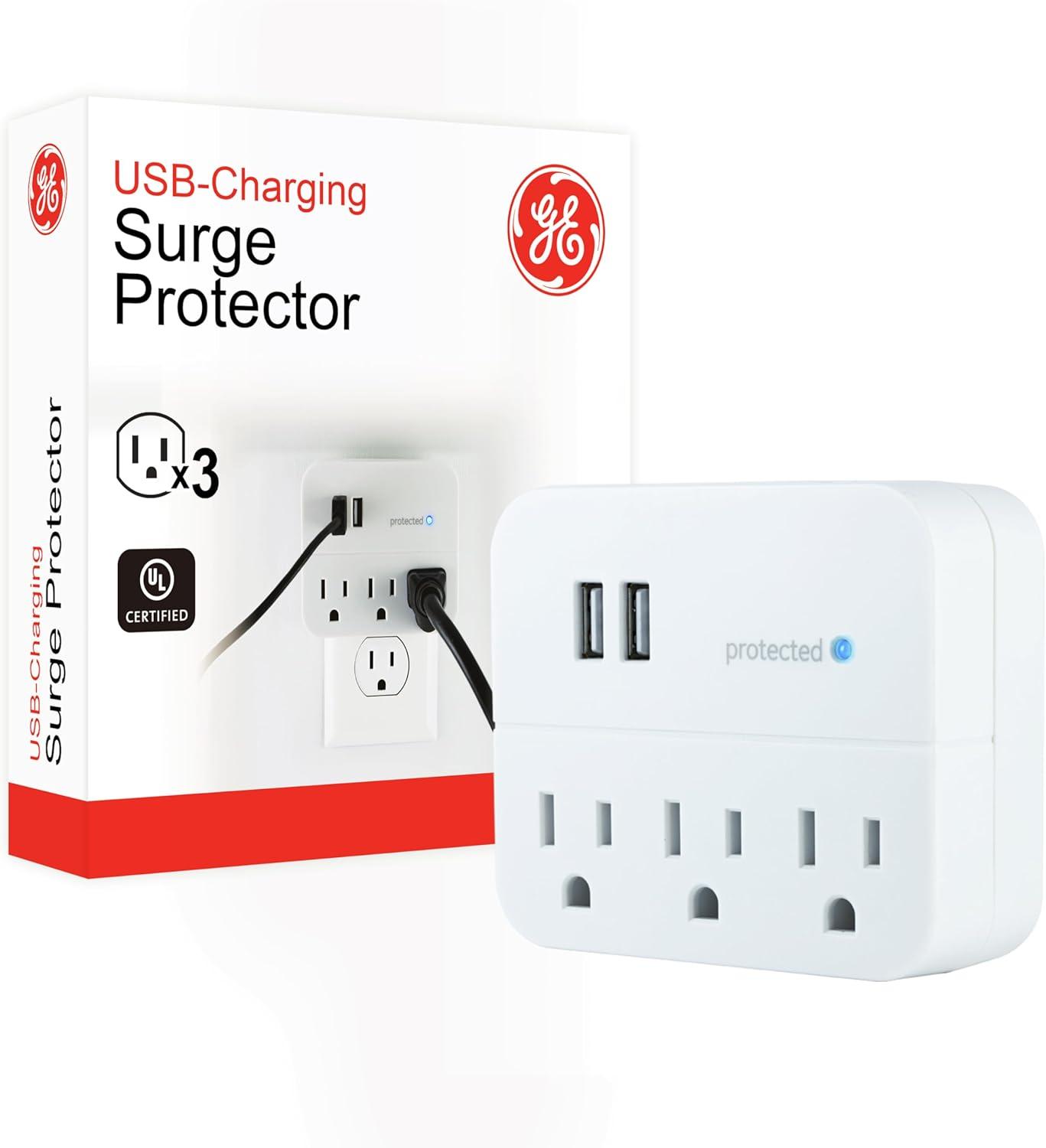 GE 3-Outlet Surge Protector Tap with USB Charging, White - 14512