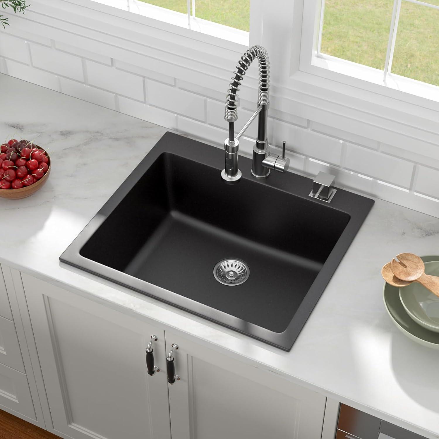 25x22 Inch Black Granite Composite Single Bowl Kitchen Sink