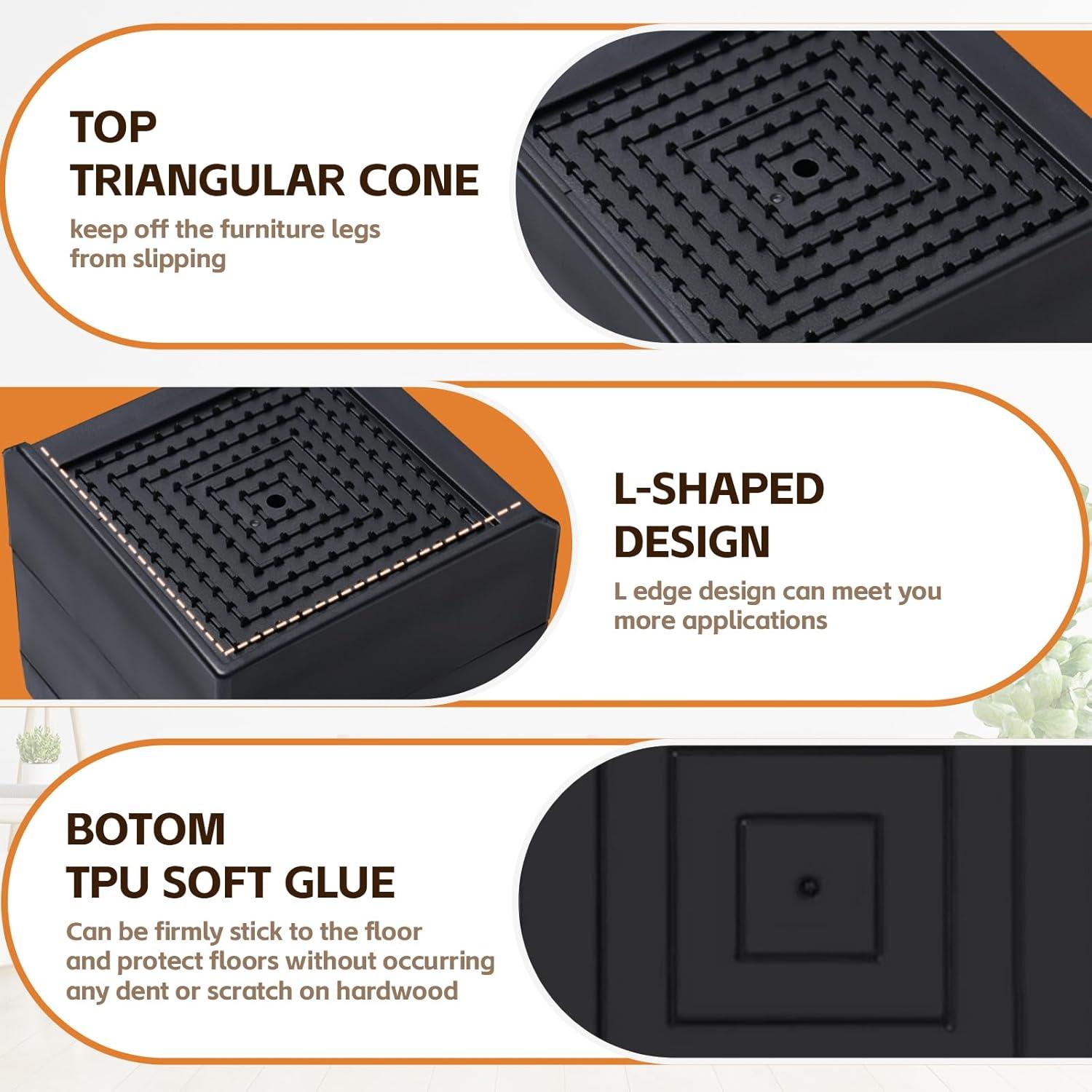4 Pack Black Adjustable Bed Risers (1 or 3 Inch) for Dorm Beds, Sofas, and Furniture Elevation.