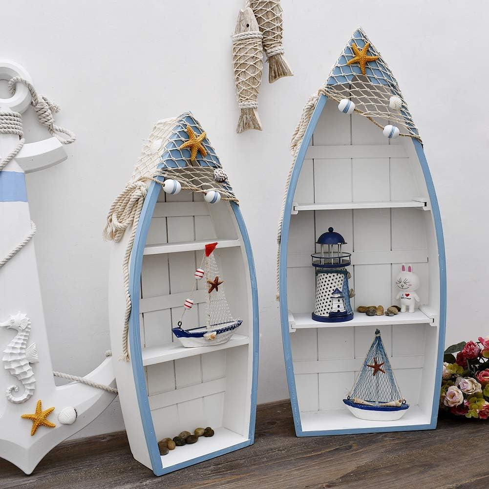 Nautical White and Blue Wooden Boat Shelf Set with Rope Accents