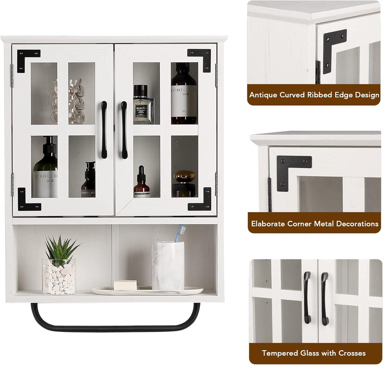 Wood Wall Storage Cabinet With Cross Glass Doors, Farmhouse Wall Mounted, 3 Tier Rustic Cabinet With Adjustable Shelves And Towel Bar For Bathroom, Living Room, Vintage White