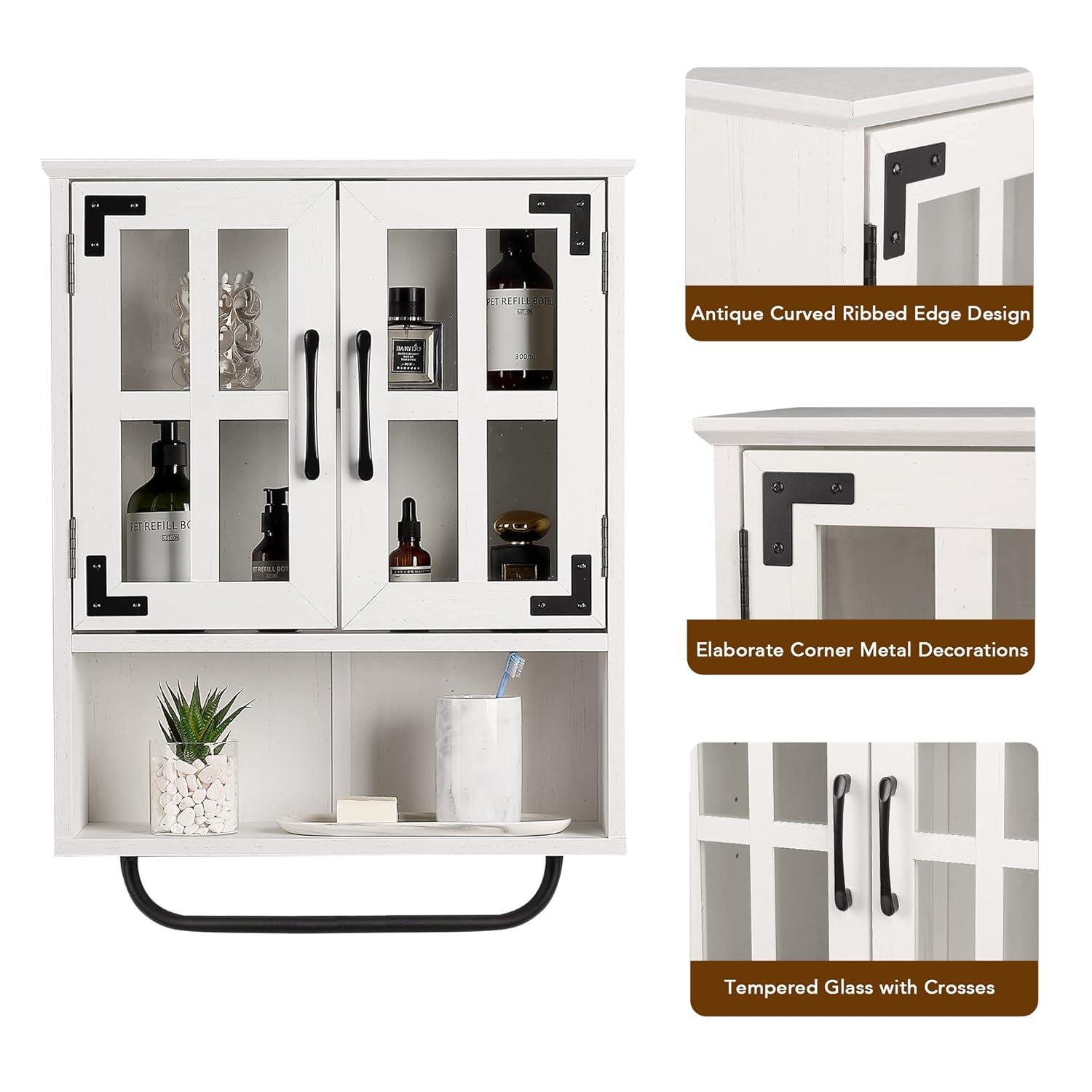 Wood Wall Storage Cabinet With Cross Glass Doors, Farmhouse Wall Mounted, 3 Tier Rustic Cabinet With Adjustable Shelves And Towel Bar For Bathroom, Living Room, Vintage White