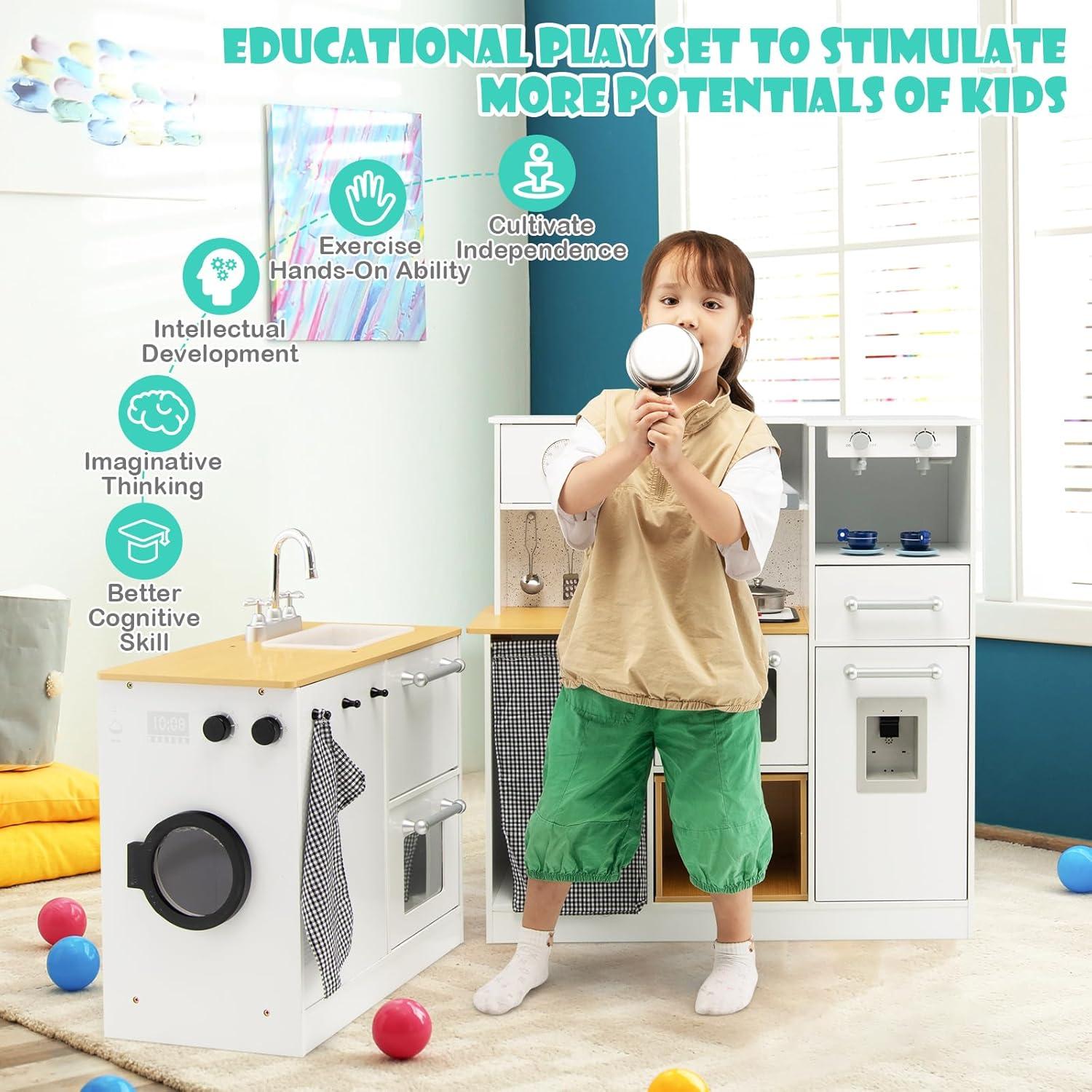 HONEY JOY Kids Kitchen Playset, 2-Piece Modular Wooden Corner Toy Kitchen Set/Washing Machine & Sink, Coffee Maker, Range Hood & Stove, Stool, Little Chef Pretend Play Kitchen for Toddlers, Natural