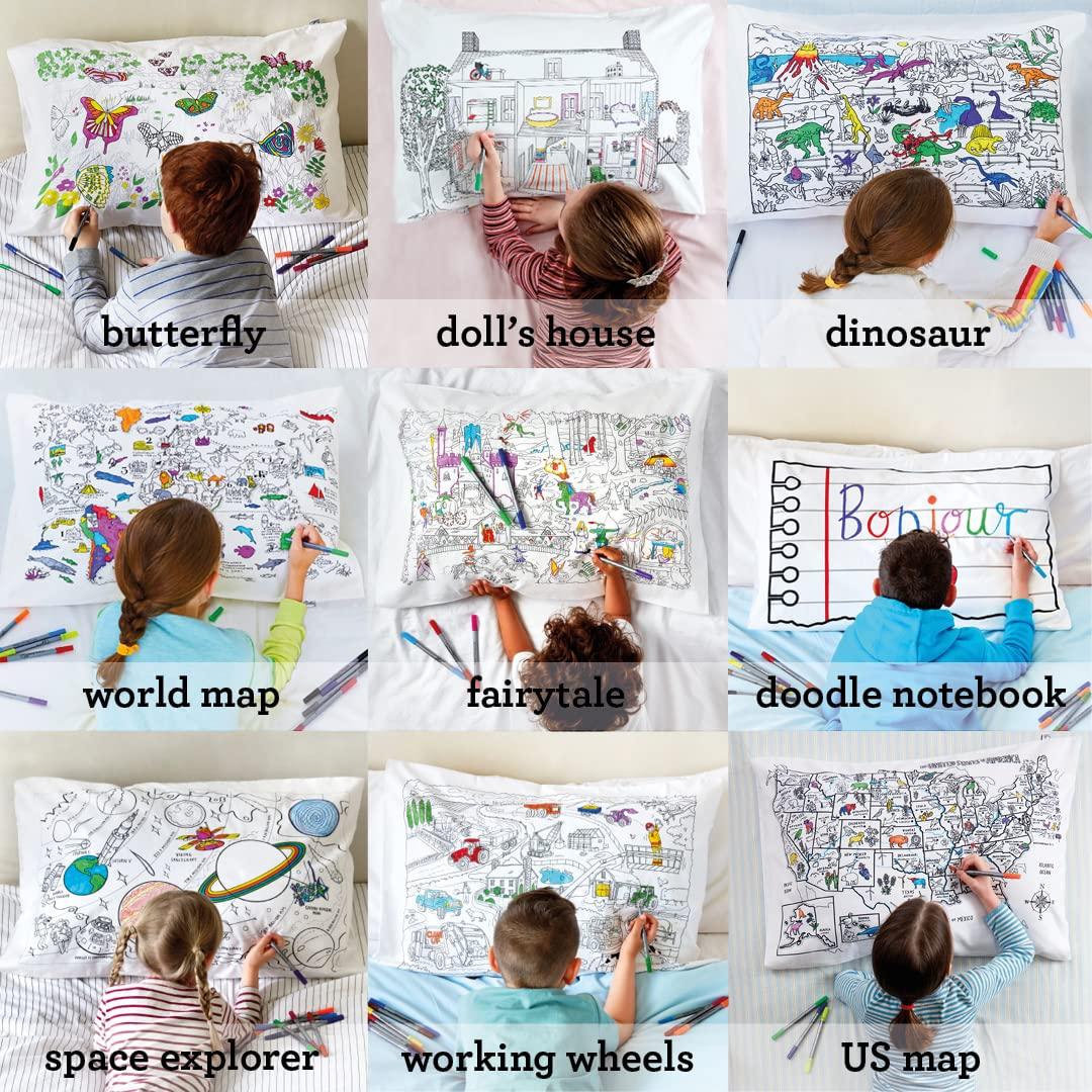 eatsleepdoodle Coloring Cotton Pillowcase with Washable Markers - Dinosaur Color in Activity Craft Kit for Boys and Girls Age 3+