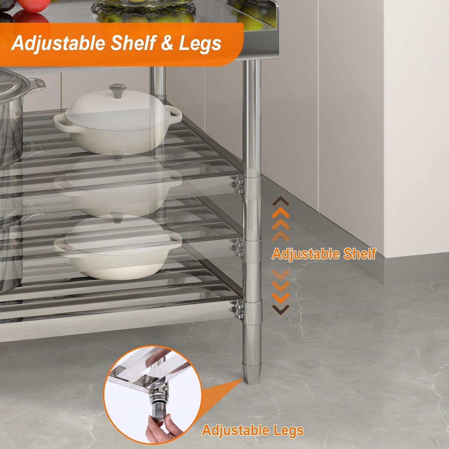 36 x 30 Inch Stainless Steel Work Table with Backsplash for Prep & Work, Heavy Duty Commercial Kitchen Island with Adjustable Undershelf for Home Restaurant