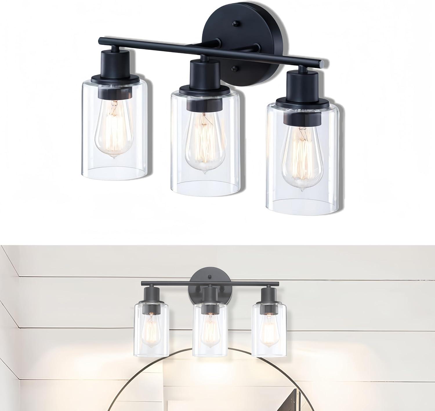 3-Light Bathroom Light Fixtures Bathroom Vanity Lights with Clear Glass Shades Matte Black Bathroom Light Fixtures over mirror for Mirror Living Room Cabinet Bedroom Porch