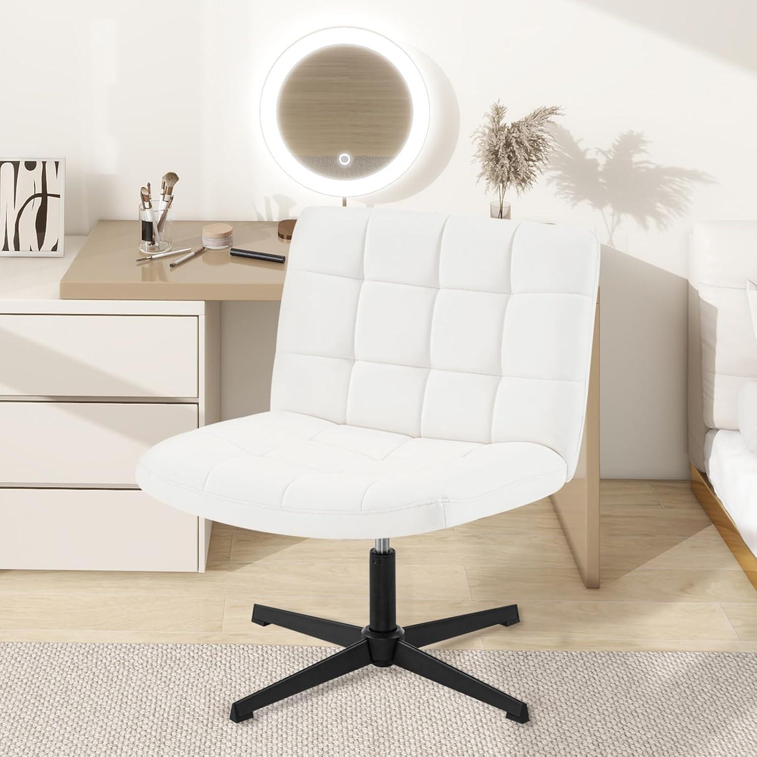 Armless Home Office Task Desk Computer Chair No Wheels PU-Padded Adjustable Swivel Vanity Chair lvory white