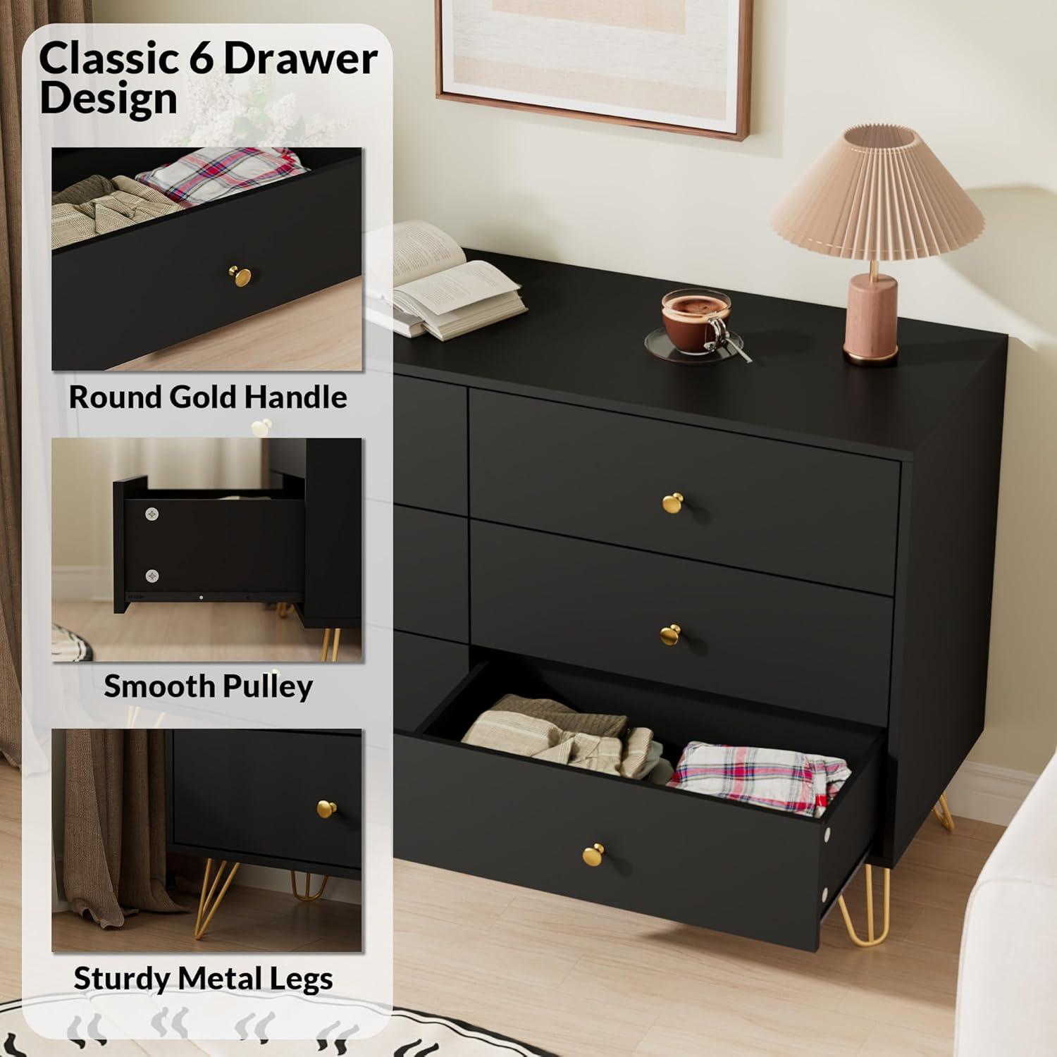 Black Dresser for Bedroom, 6 Drawer Dresser with Golden Handles, Large Storage Cabinet, Modern Chest of Drawers Organizer Storage for Hallyway, Entryway